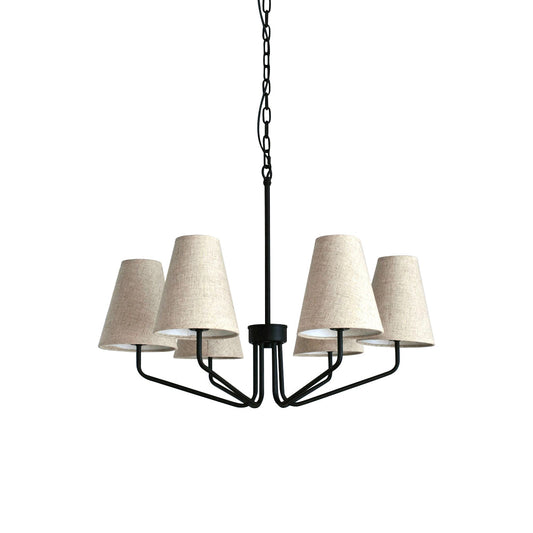 Kennedy Chandelier - Modern Curved Arm Brass Pendant | Ivory Linen Conical Shades