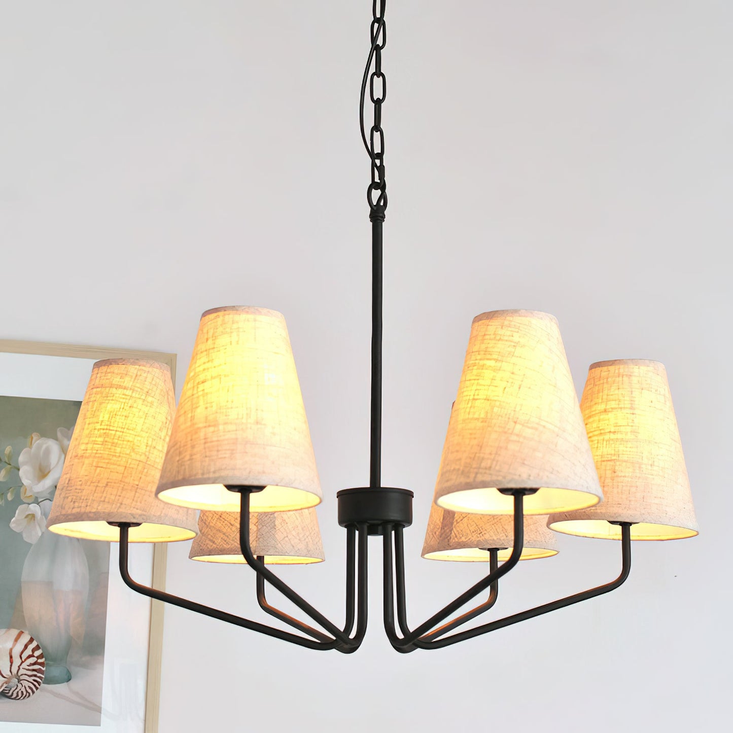 Kennedy Chandelier - Modern Curved Arm Brass Pendant | Ivory Linen Conical Shades