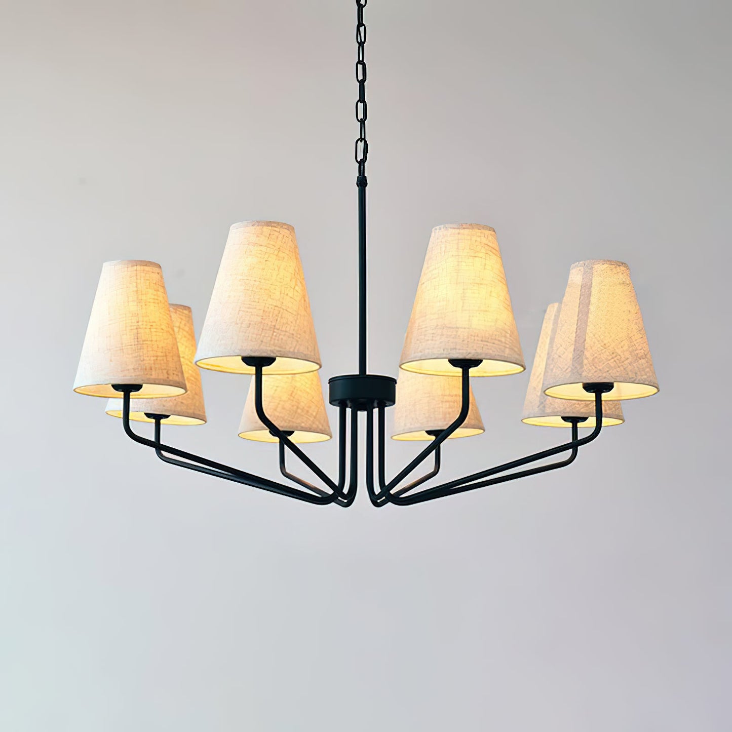 Kennedy Chandelier - Modern Curved Arm Brass Pendant | Ivory Linen Conical Shades