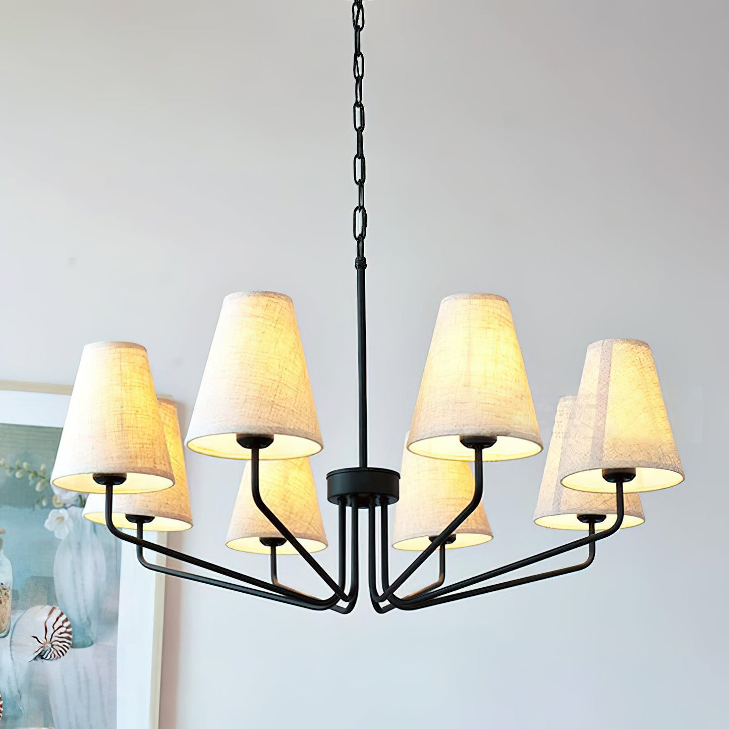 Kennedy Chandelier - Modern Curved Arm Brass Pendant | Ivory Linen Conical Shades