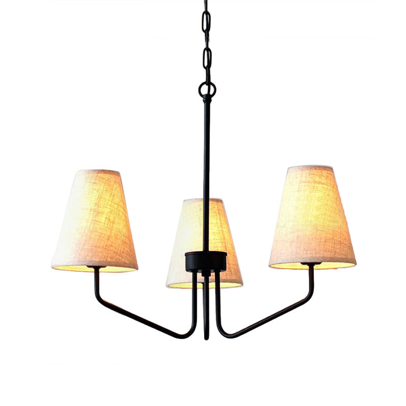 Kennedy Chandelier - Modern Curved Arm Brass Pendant | Ivory Linen Conical Shades