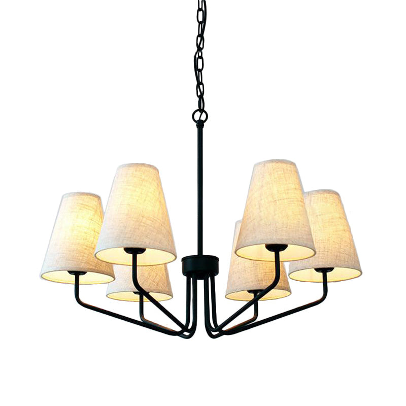 Kennedy Chandelier - Modern Curved Arm Brass Pendant | Ivory Linen Conical Shades