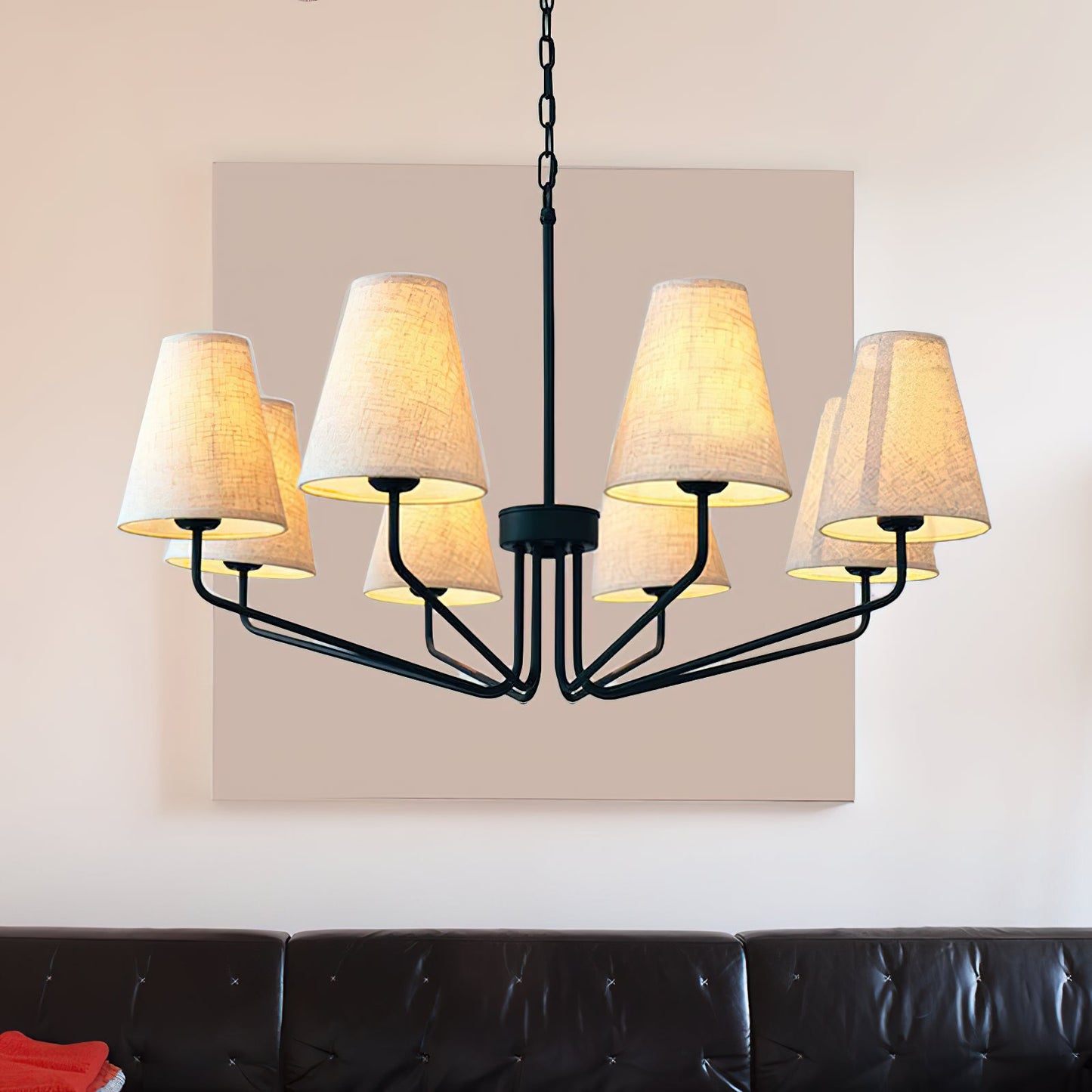 Kennedy Chandelier - Modern Curved Arm Brass Pendant | Ivory Linen Conical Shades