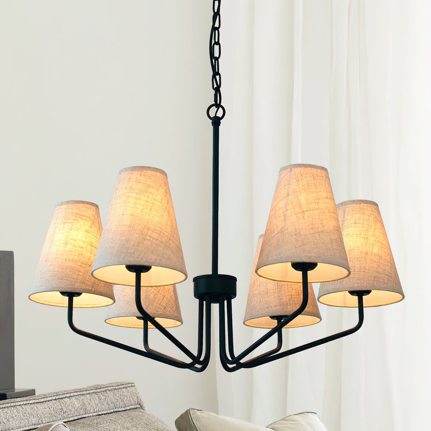 Kennedy Chandelier - Modern Curved Arm Brass Pendant | Ivory Linen Conical Shades
