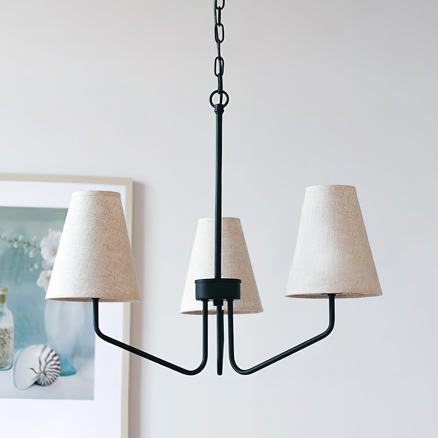 Kennedy Chandelier - Modern Curved Arm Brass Pendant | Ivory Linen Conical Shades
