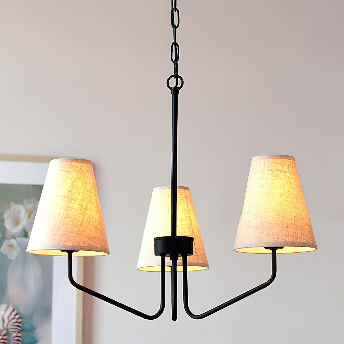 Kennedy Chandelier - Modern Curved Arm Brass Pendant | Ivory Linen Conical Shades