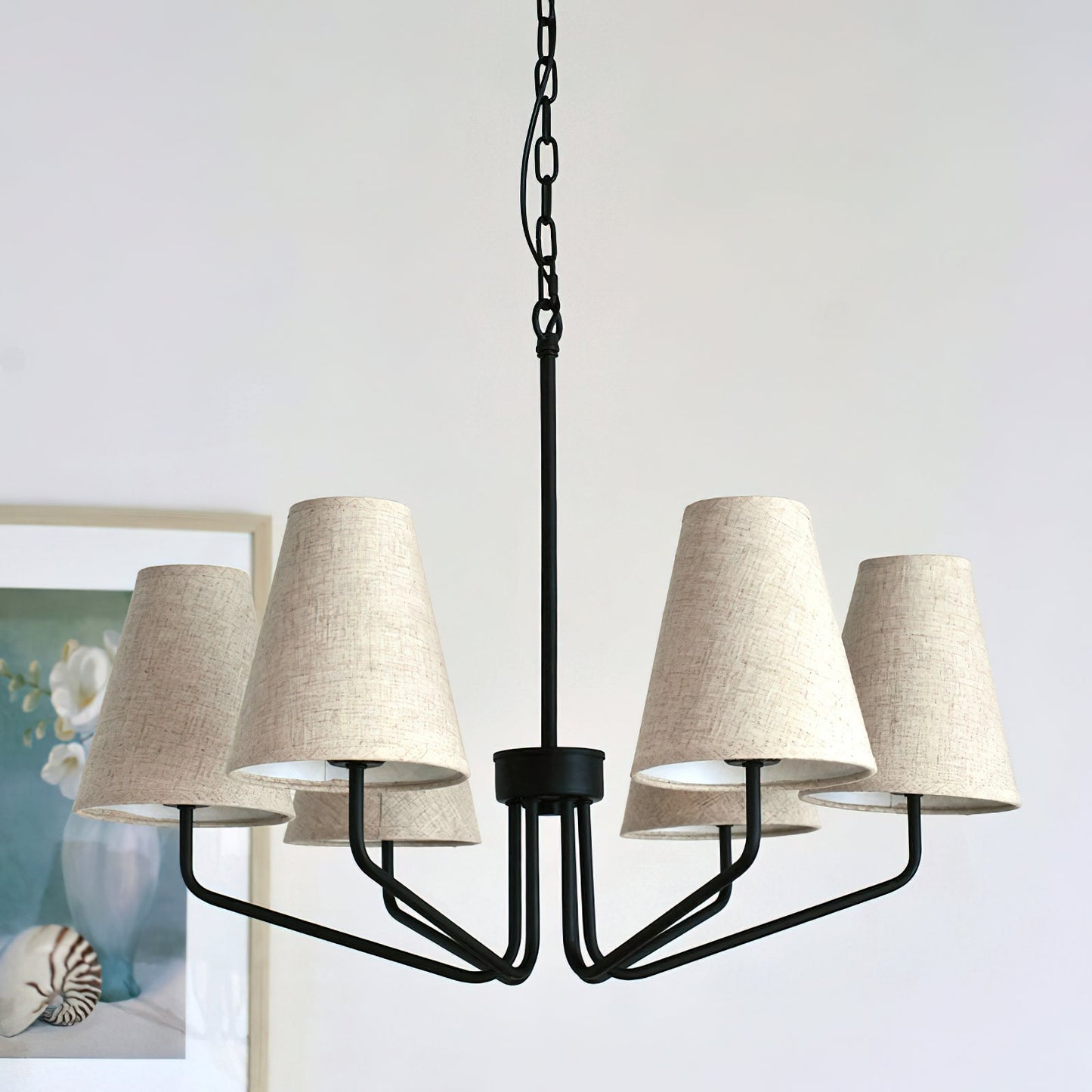 Kennedy Chandelier - Modern Curved Arm Brass Pendant | Ivory Linen Conical Shades