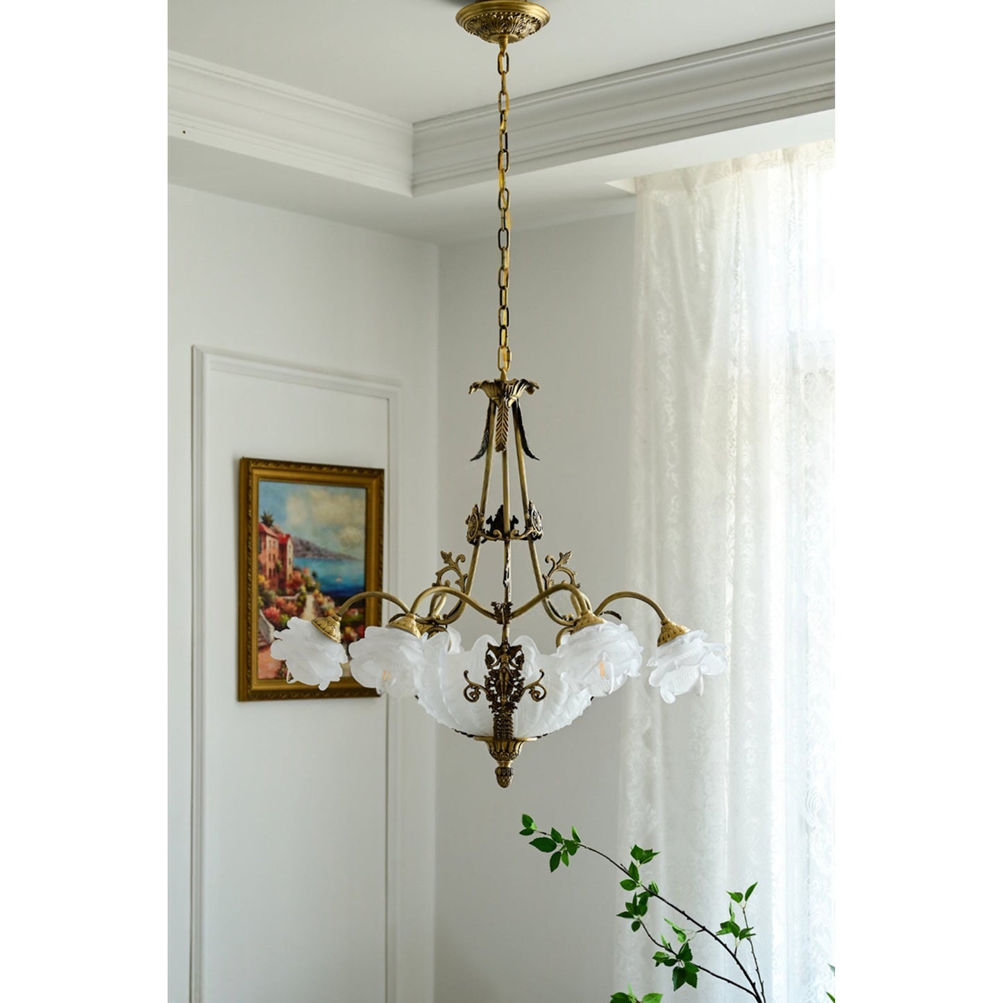 Kensington Palace Grand Chandelier - Victorian Brass & Frosted Rose Glass Pendant