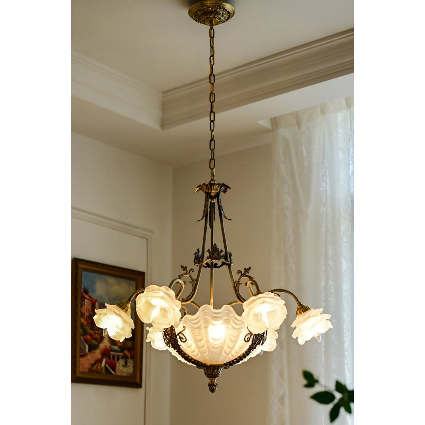 Kensington Palace Grand Chandelier - Victorian Brass & Frosted Rose Glass Pendant