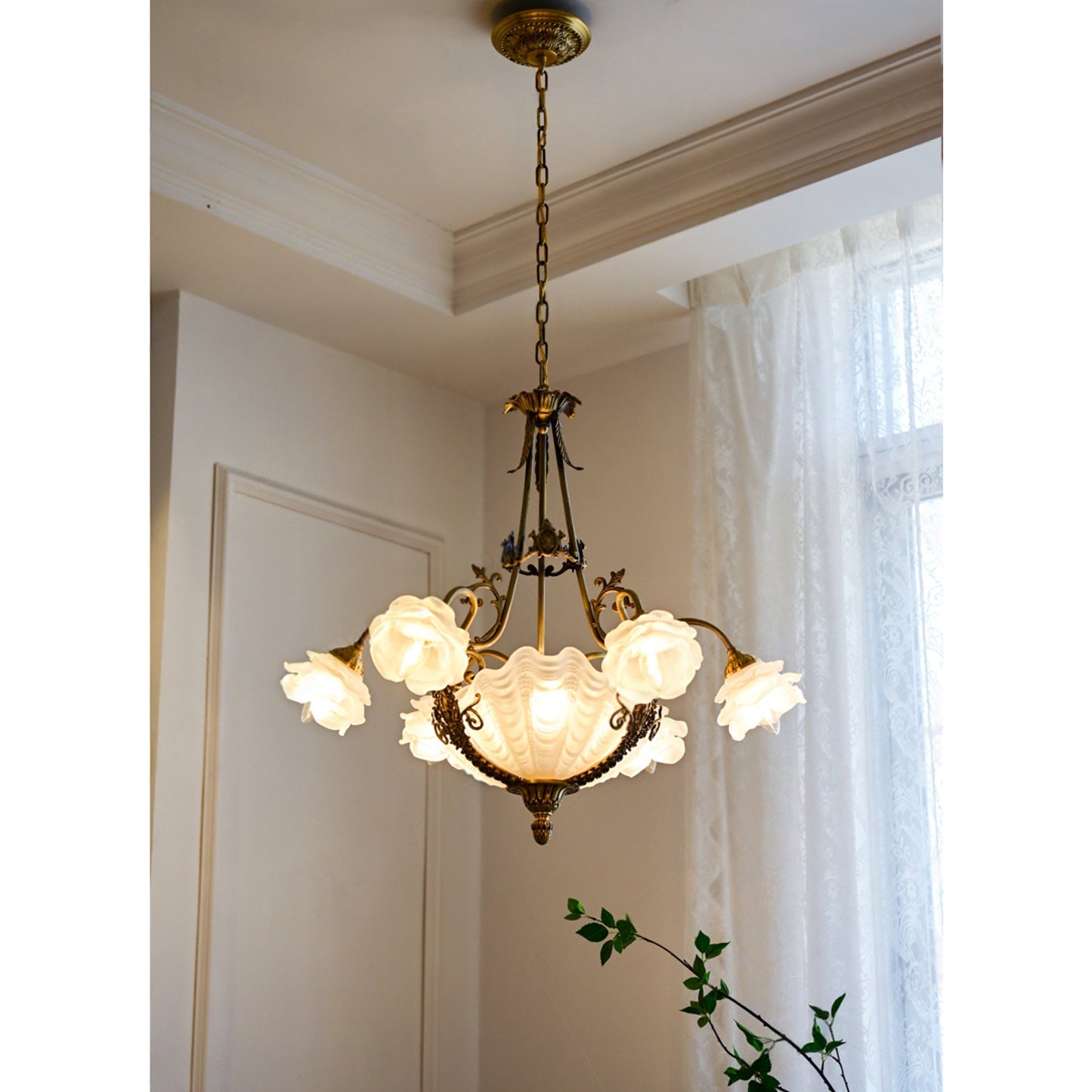 Kensington Palace Grand Chandelier - Victorian Brass & Frosted Rose Glass Pendant