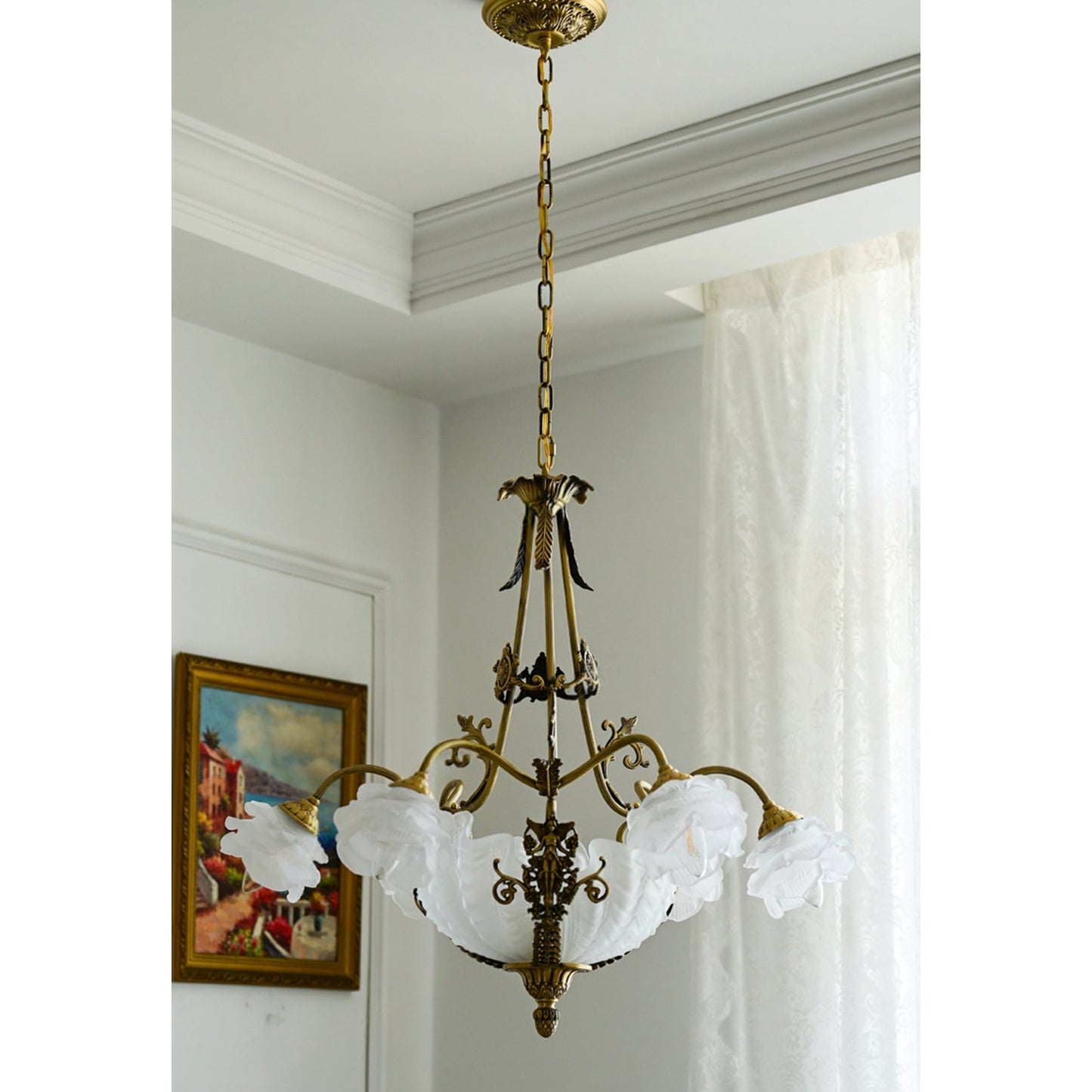 Kensington Palace Grand Chandelier - Victorian Brass & Frosted Rose Glass Pendant