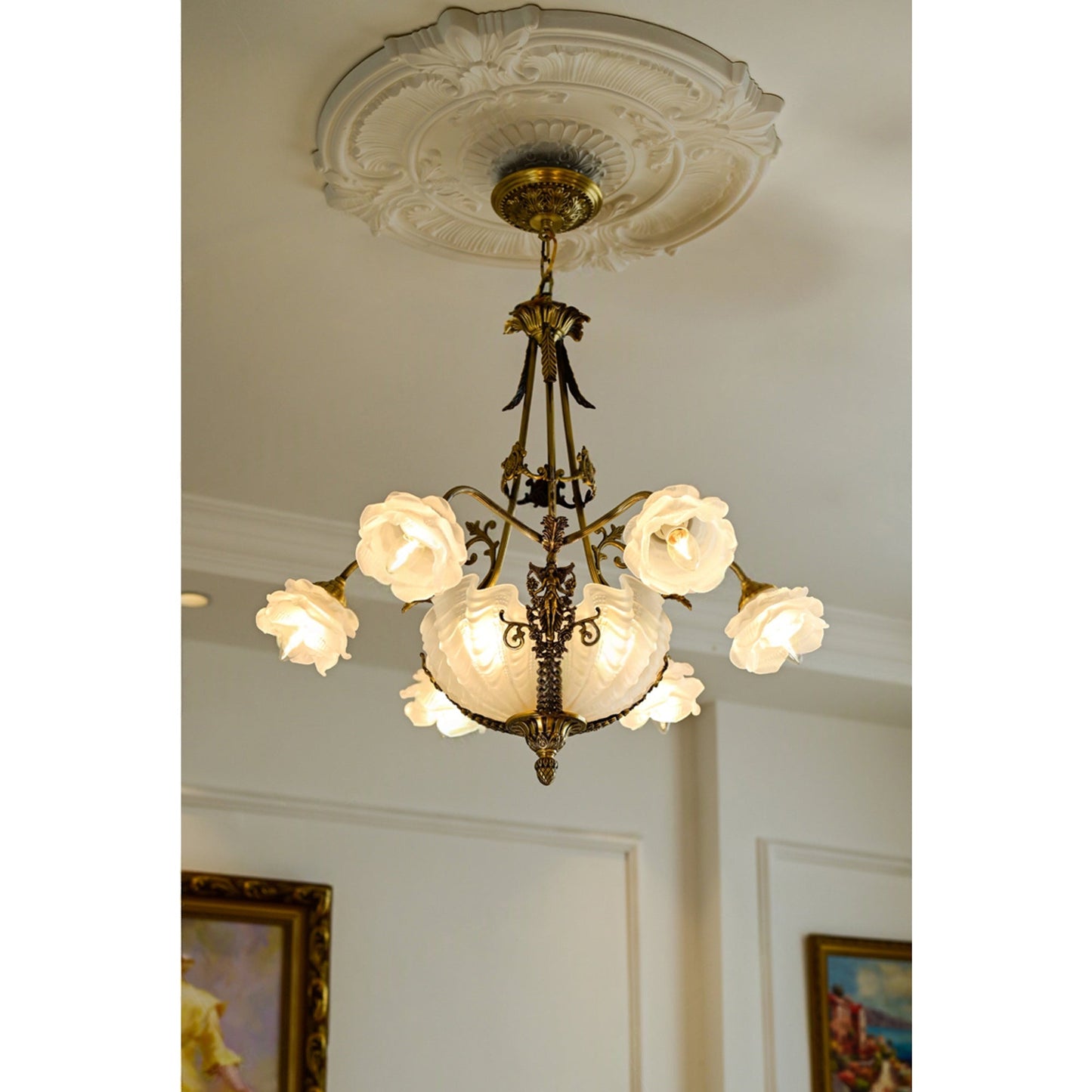Kensington Palace Grand Chandelier - Victorian Brass & Frosted Rose Glass Pendant