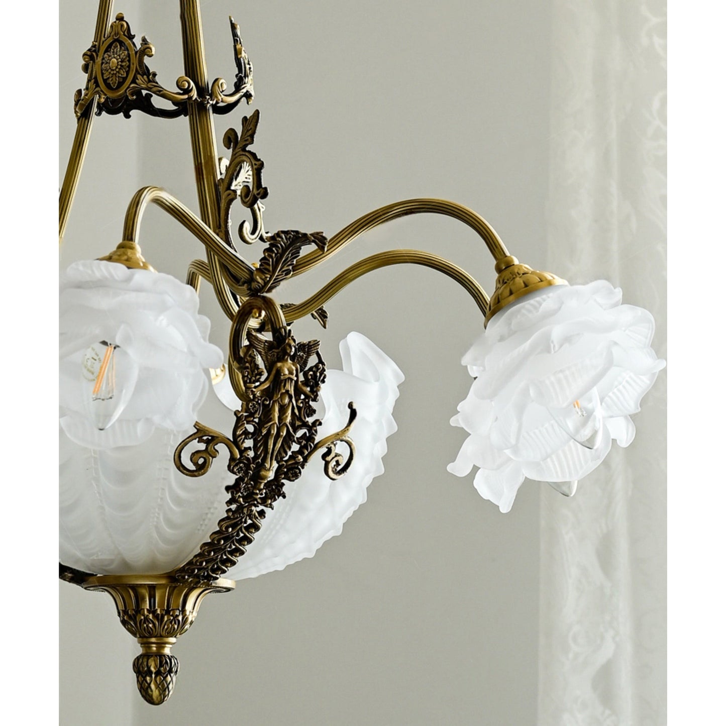 Kensington Palace Grand Chandelier - Victorian Brass & Frosted Rose Glass Pendant
