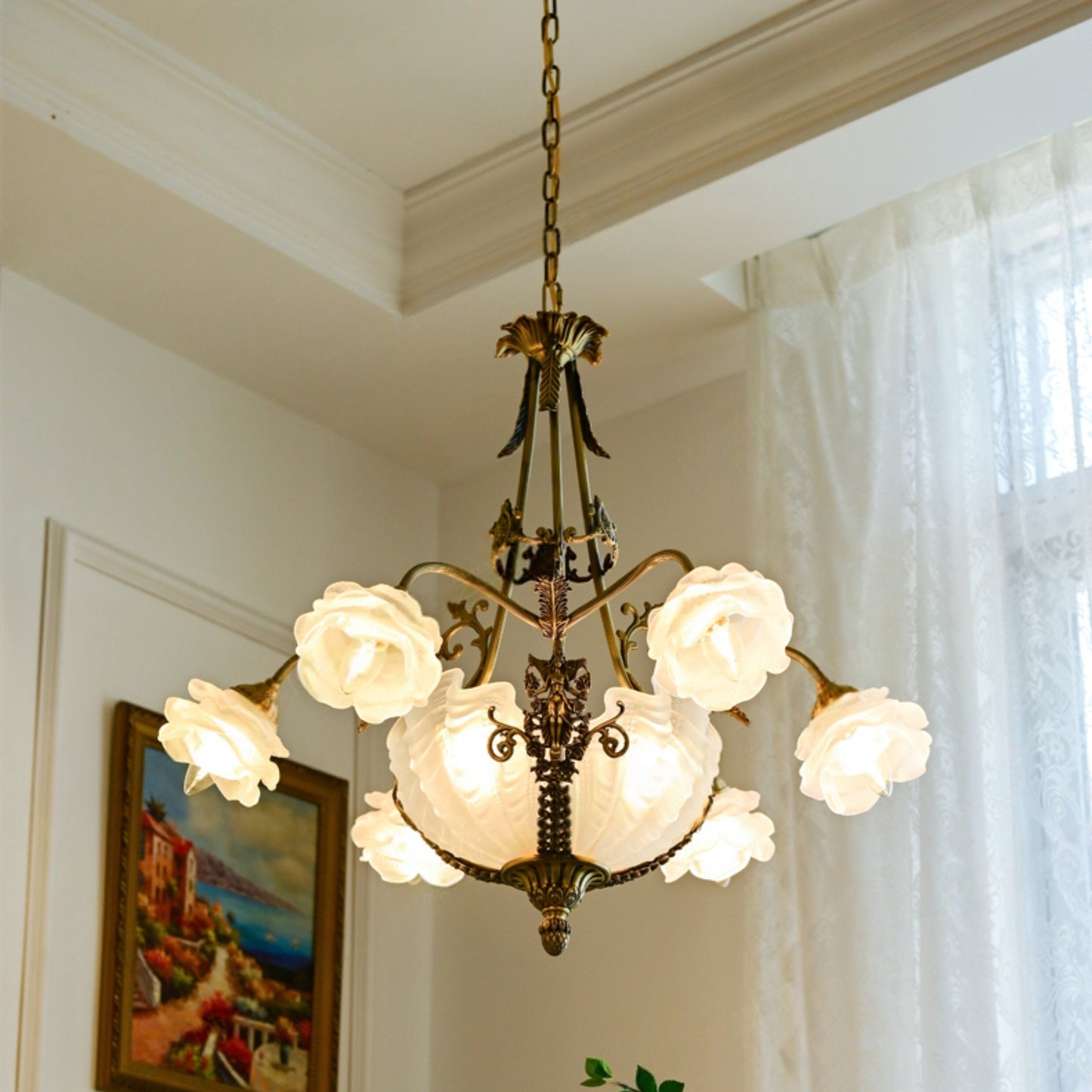 Kensington Palace Grand Chandelier - Victorian Brass & Frosted Rose Glass Pendant