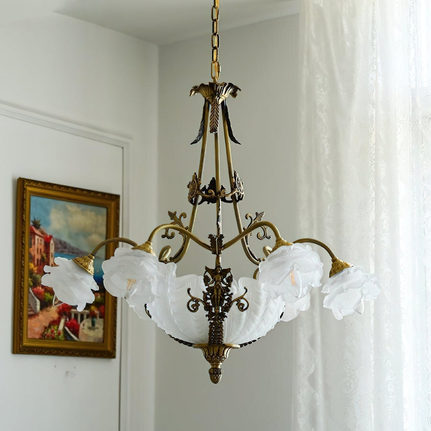 Kensington Palace Grand Chandelier - Victorian Brass & Frosted Rose Glass Pendant