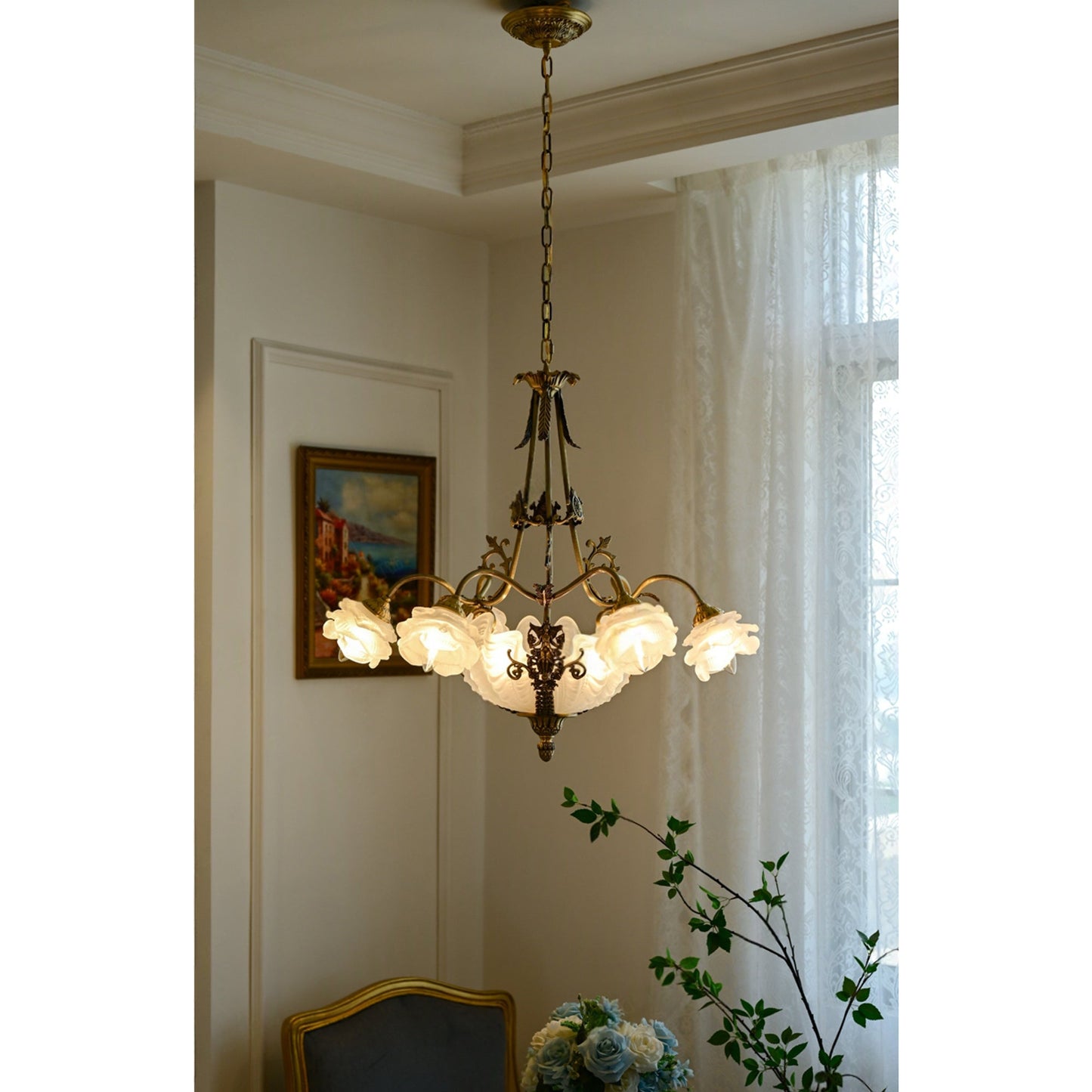 Kensington Palace Grand Chandelier - Victorian Brass & Frosted Rose Glass Pendant
