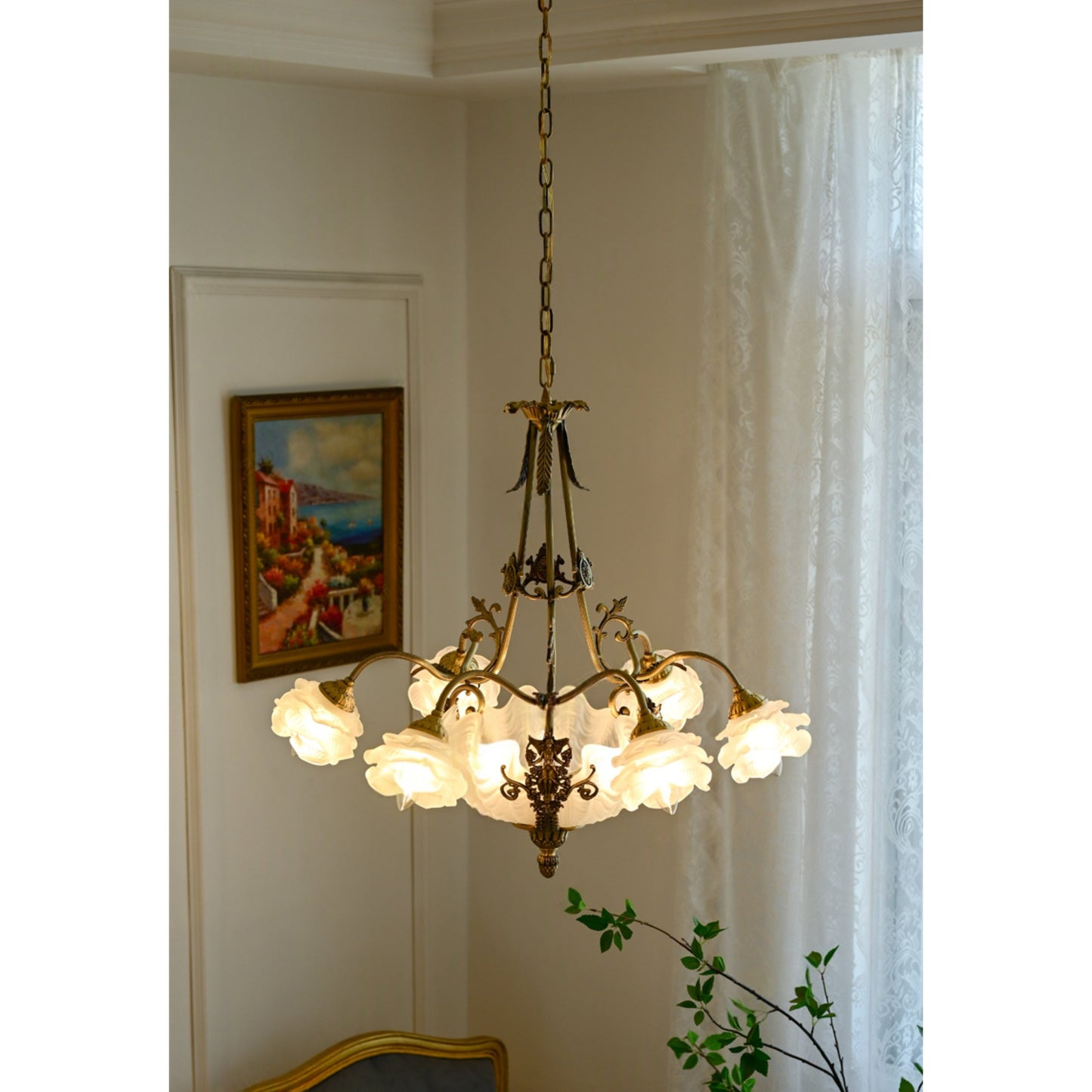 Kensington Palace Grand Chandelier - Victorian Brass & Frosted Rose Glass Pendant