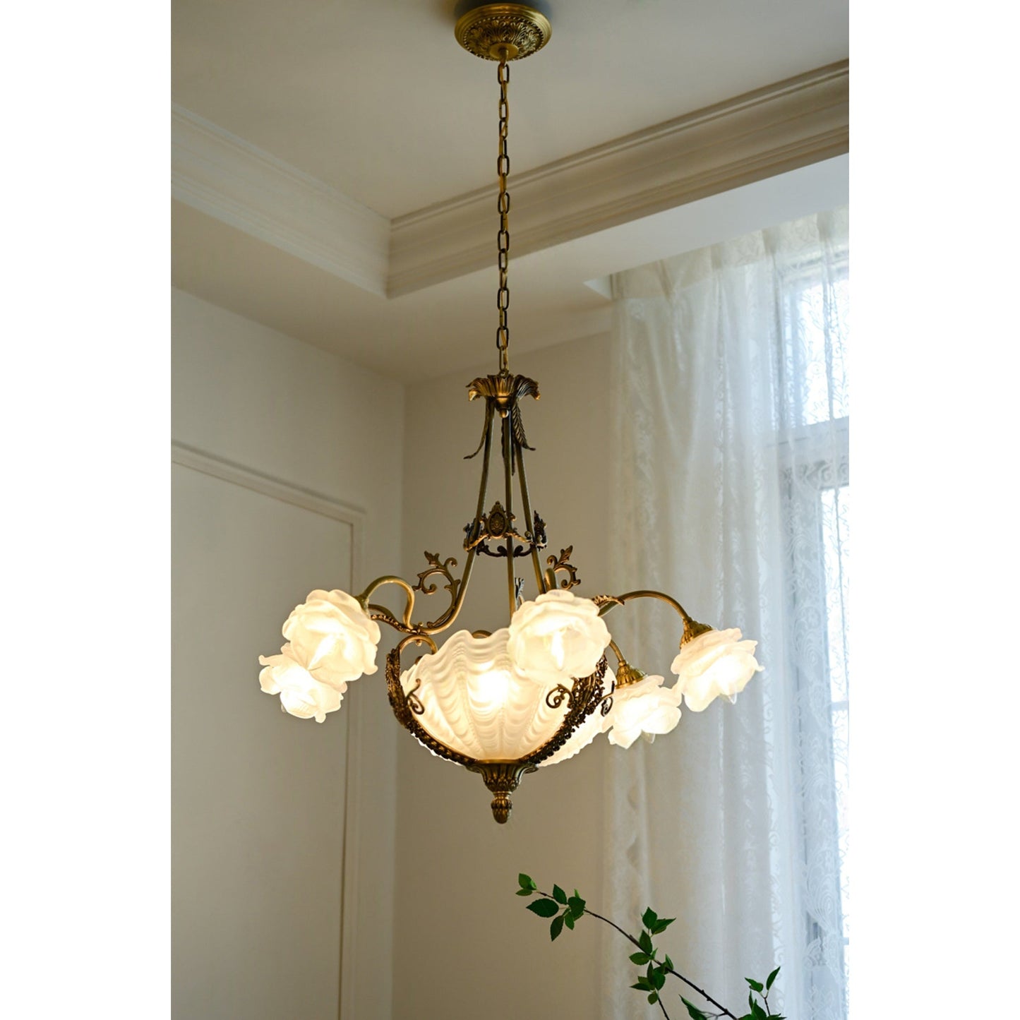 Kensington Palace Grand Chandelier - Victorian Brass & Frosted Rose Glass Pendant