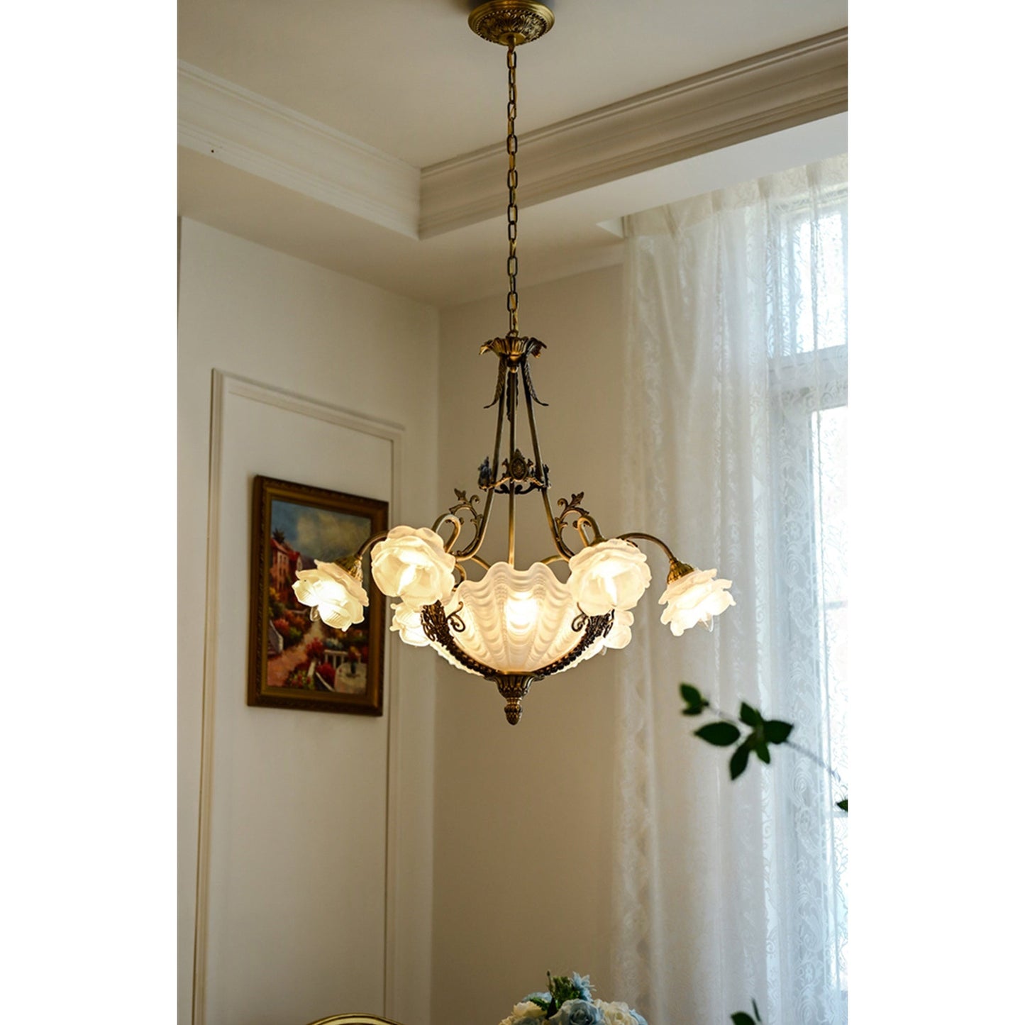 Kensington Palace Grand Chandelier - Victorian Brass & Frosted Rose Glass Pendant