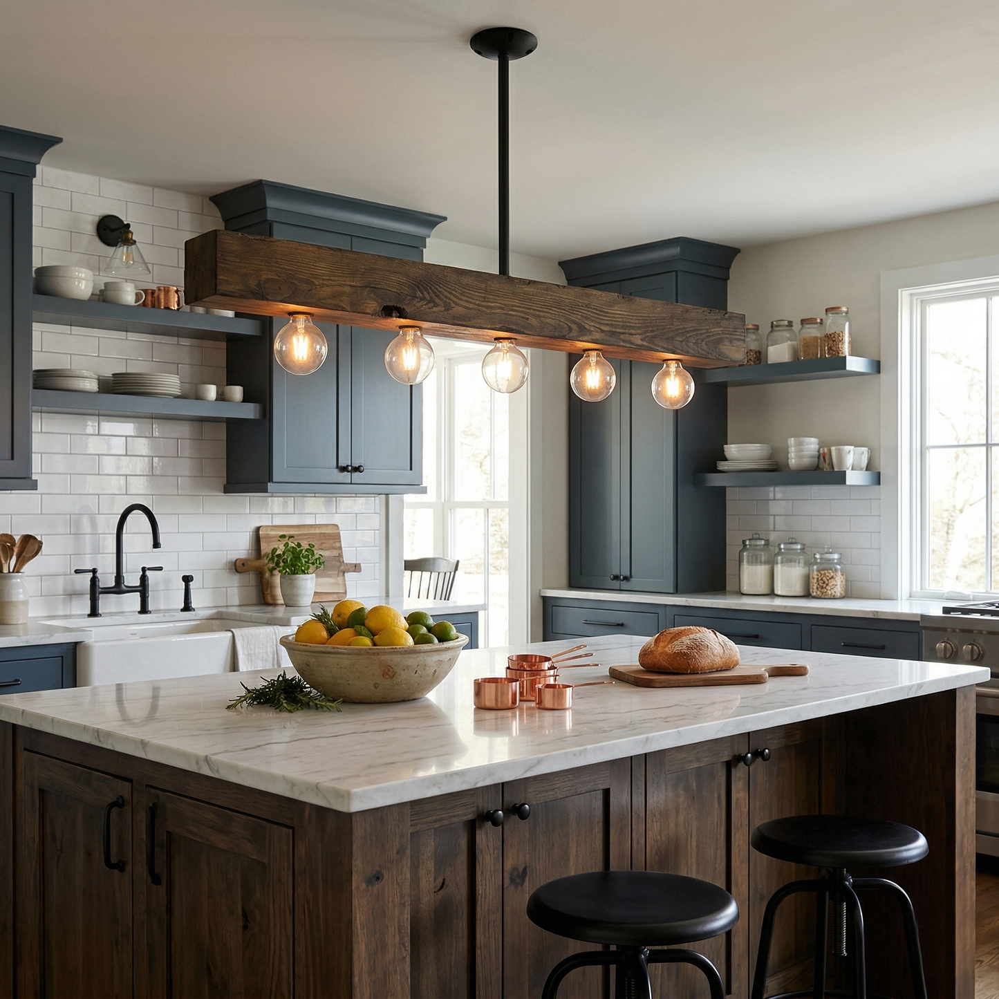 Wood-beam Island Chandelier - Rustic Farmhouse Solid Wood Linear Pendant | Industrial 4 or 5 Light Kitchen Island Chandelier