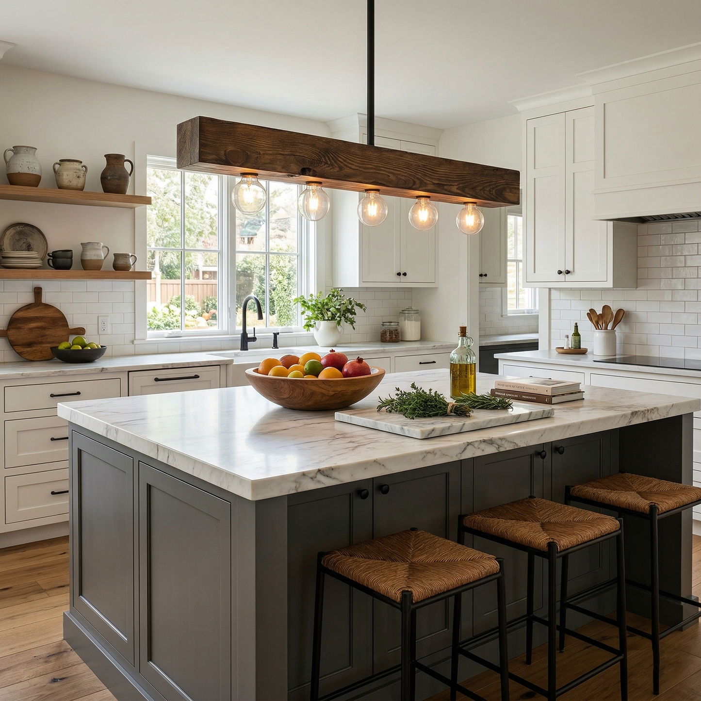 Wood-beam Island Chandelier - Rustic Farmhouse Solid Wood Linear Pendant | Industrial 4 or 5 Light Kitchen Island Chandelier