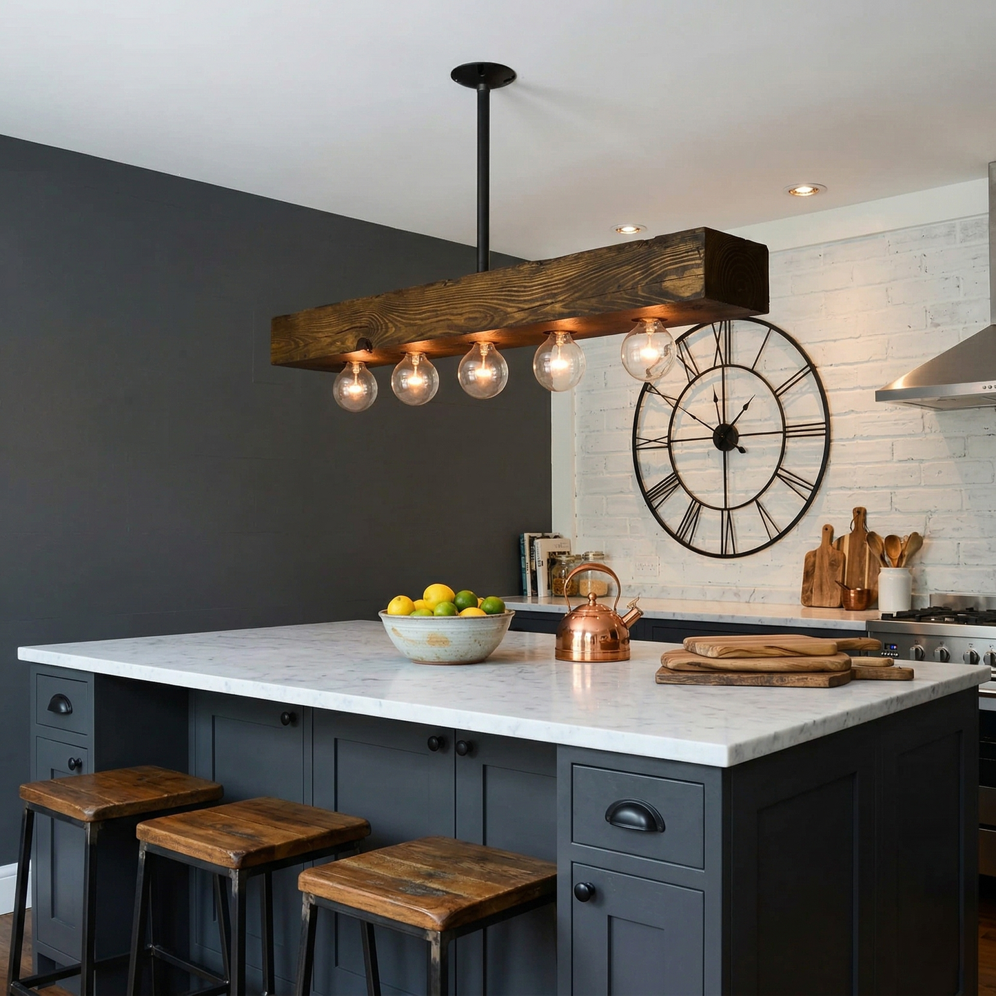 Wood-beam Island Chandelier - Rustic Farmhouse Solid Wood Linear Pendant | Industrial 4 or 5 Light Kitchen Island Chandelier