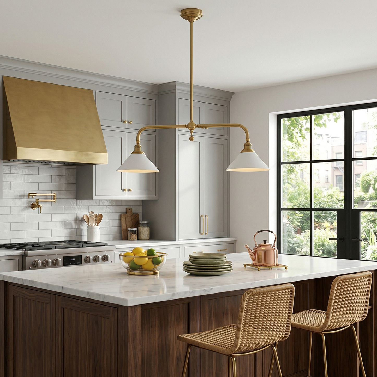 Thetford Pendant Light - Solid Brass 2-Head Linear Chandelier | Ceramic & Aluminum Island Pendant