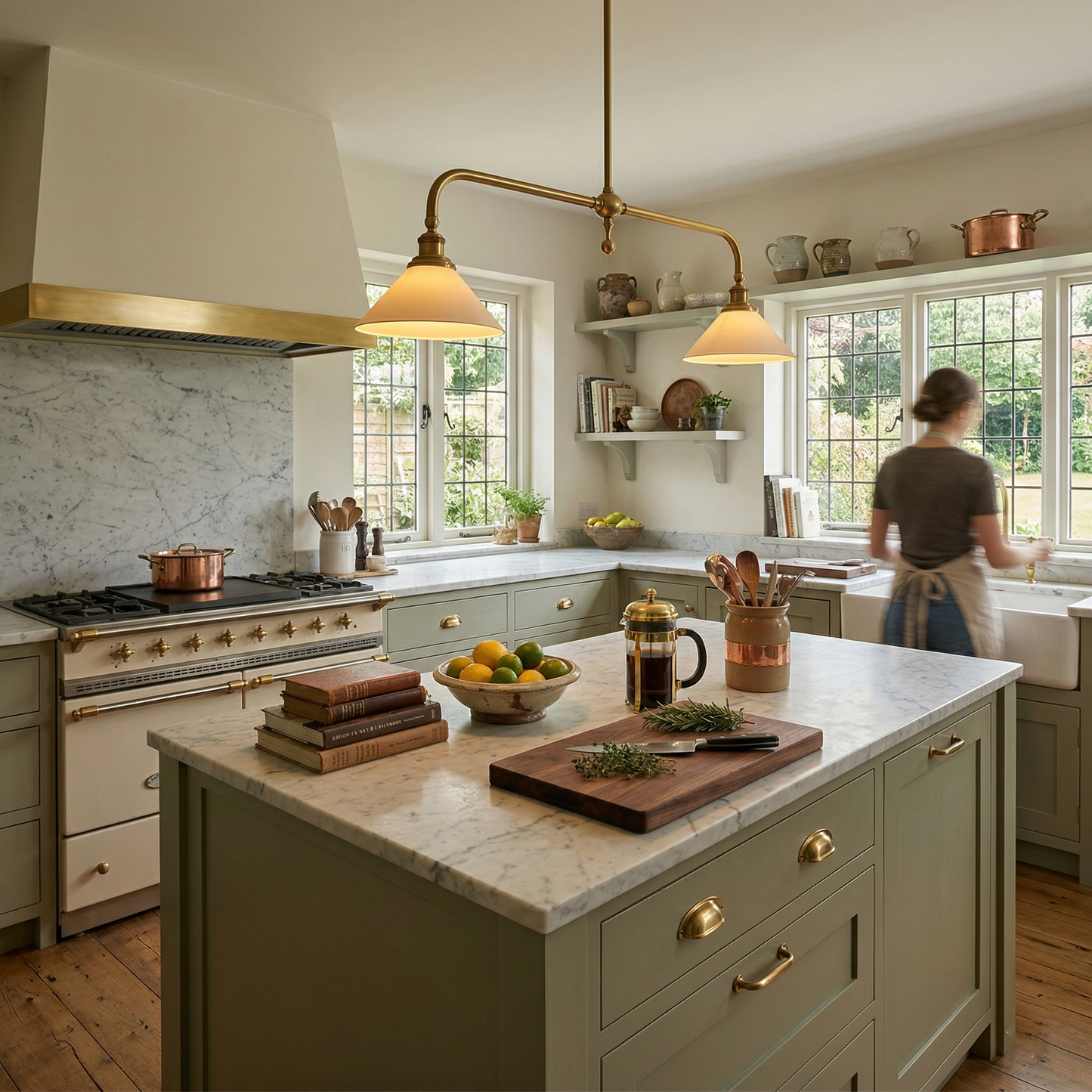 Thetford Pendant Light - Solid Brass 2-Head Linear Chandelier | Ceramic & Aluminum Island Pendant