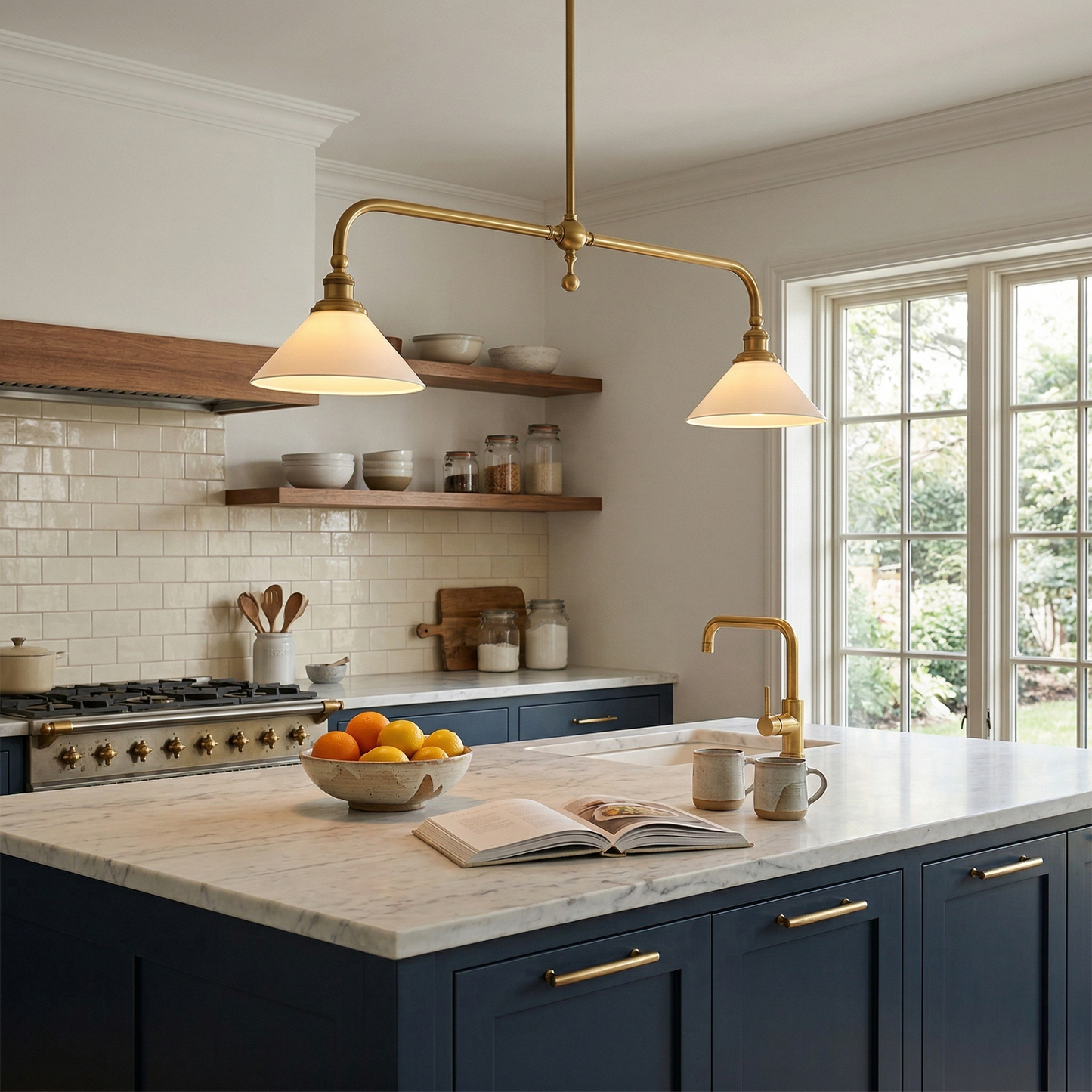 Thetford Pendant Light - Solid Brass 2-Head Linear Chandelier | Ceramic & Aluminum Island Pendant