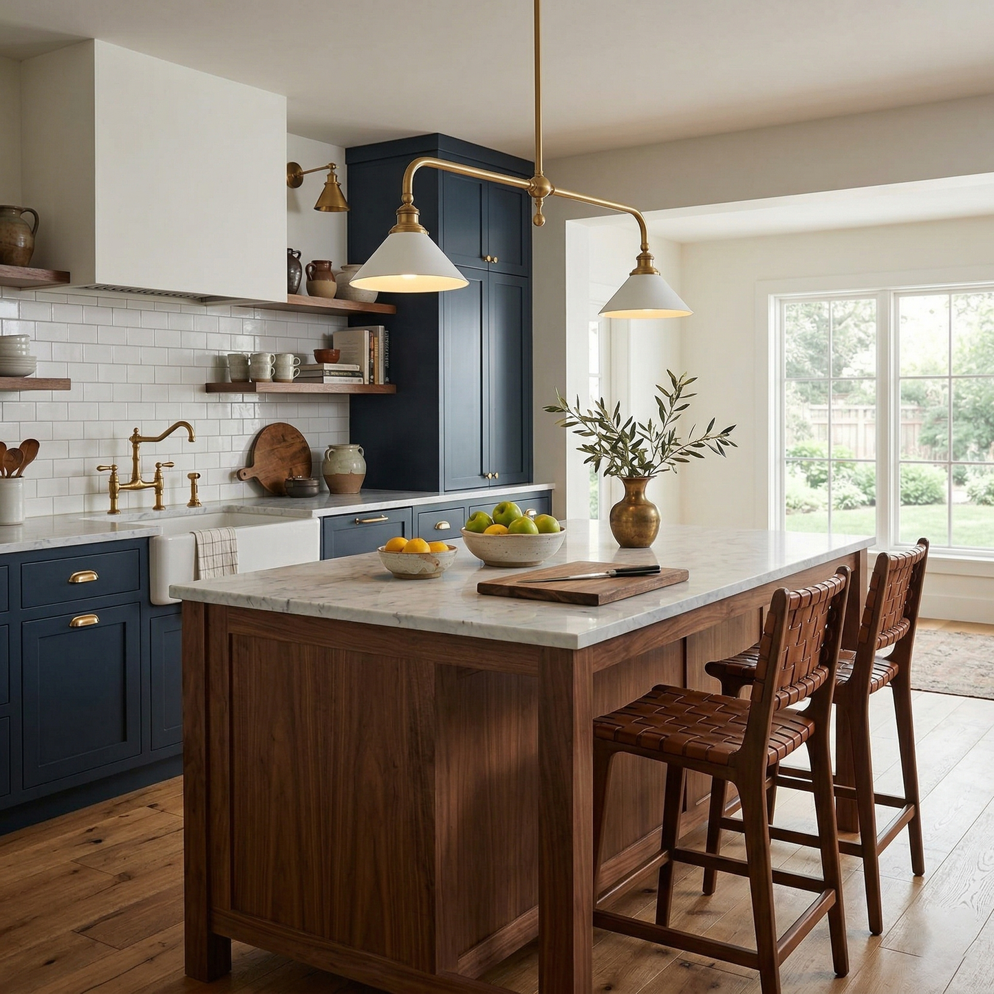 Thetford Pendant Light - Solid Brass 2-Head Linear Chandelier | Ceramic & Aluminum Island Pendant