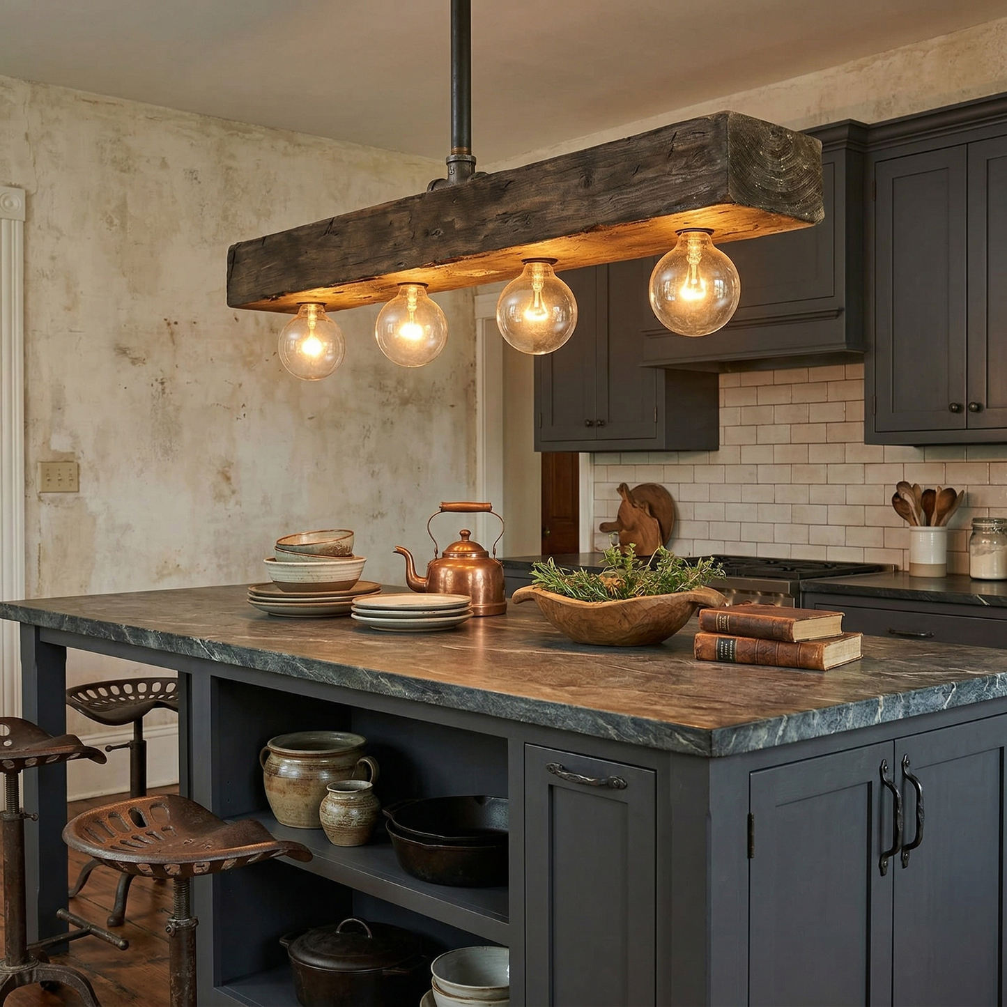 Wood-beam Island Chandelier - Rustic Farmhouse Solid Wood Linear Pendant | Industrial 4 or 5 Light Kitchen Island Chandelier