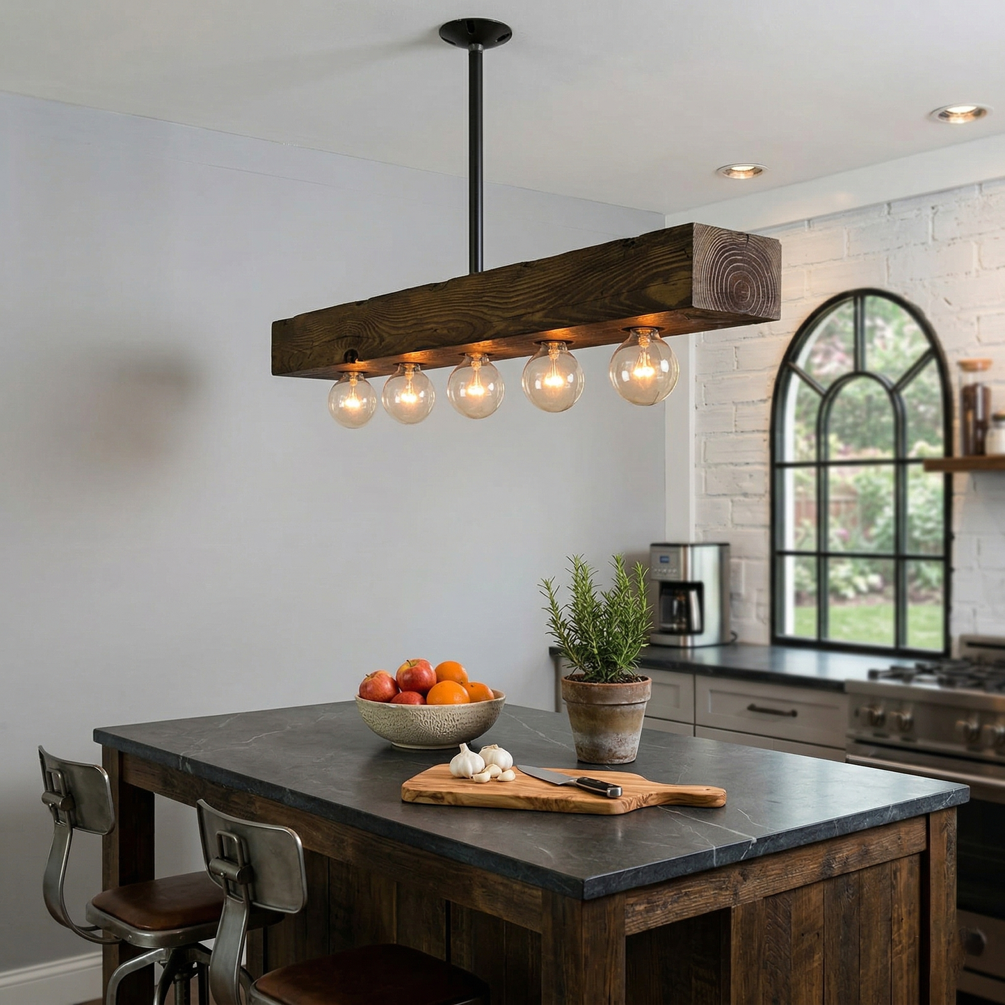Wood-beam Island Chandelier - Rustic Farmhouse Solid Wood Linear Pendant | Industrial 4 or 5 Light Kitchen Island Chandelier