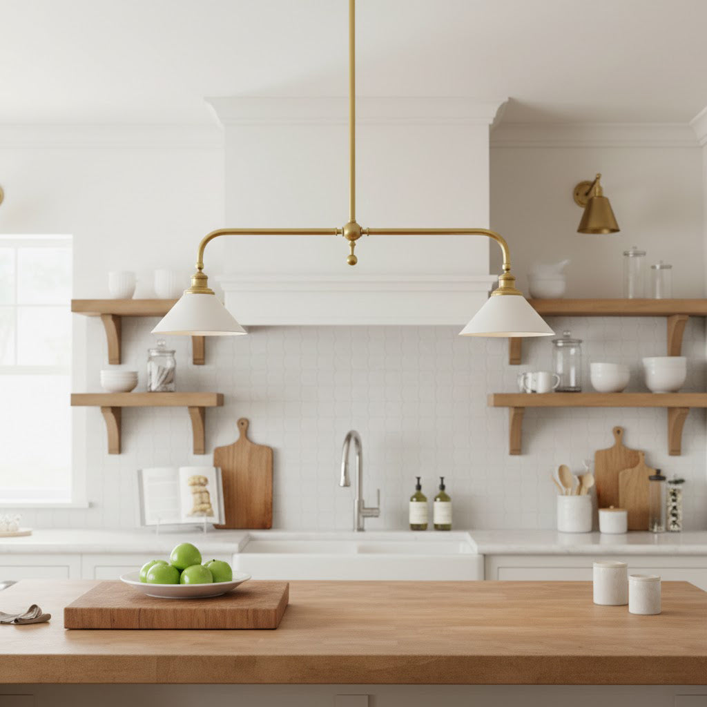 Thetford Pendant Light - Solid Brass 2-Head Linear Chandelier | Ceramic & Aluminum Island Pendant