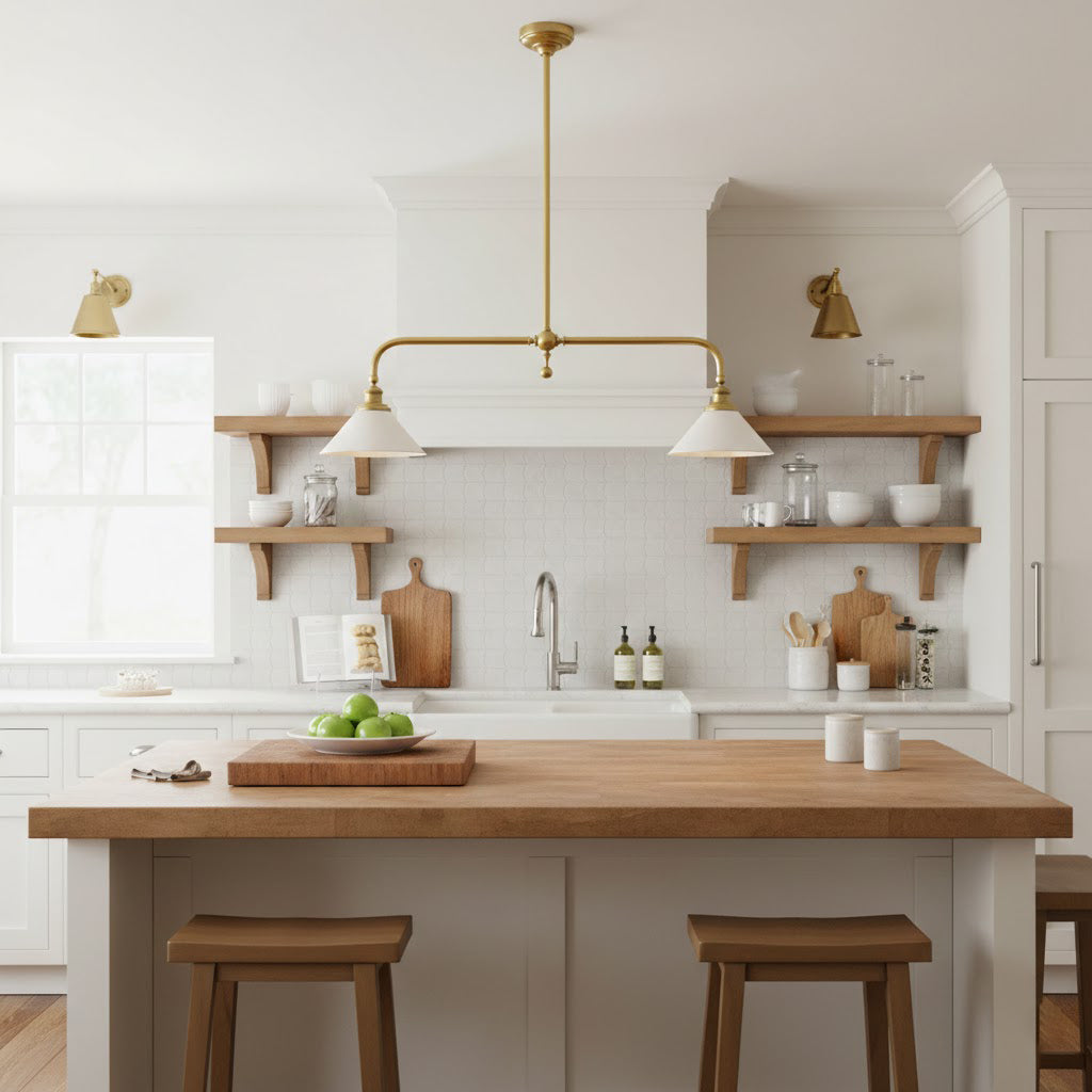 Thetford Pendant Light - Solid Brass 2-Head Linear Chandelier | Ceramic & Aluminum Island Pendant