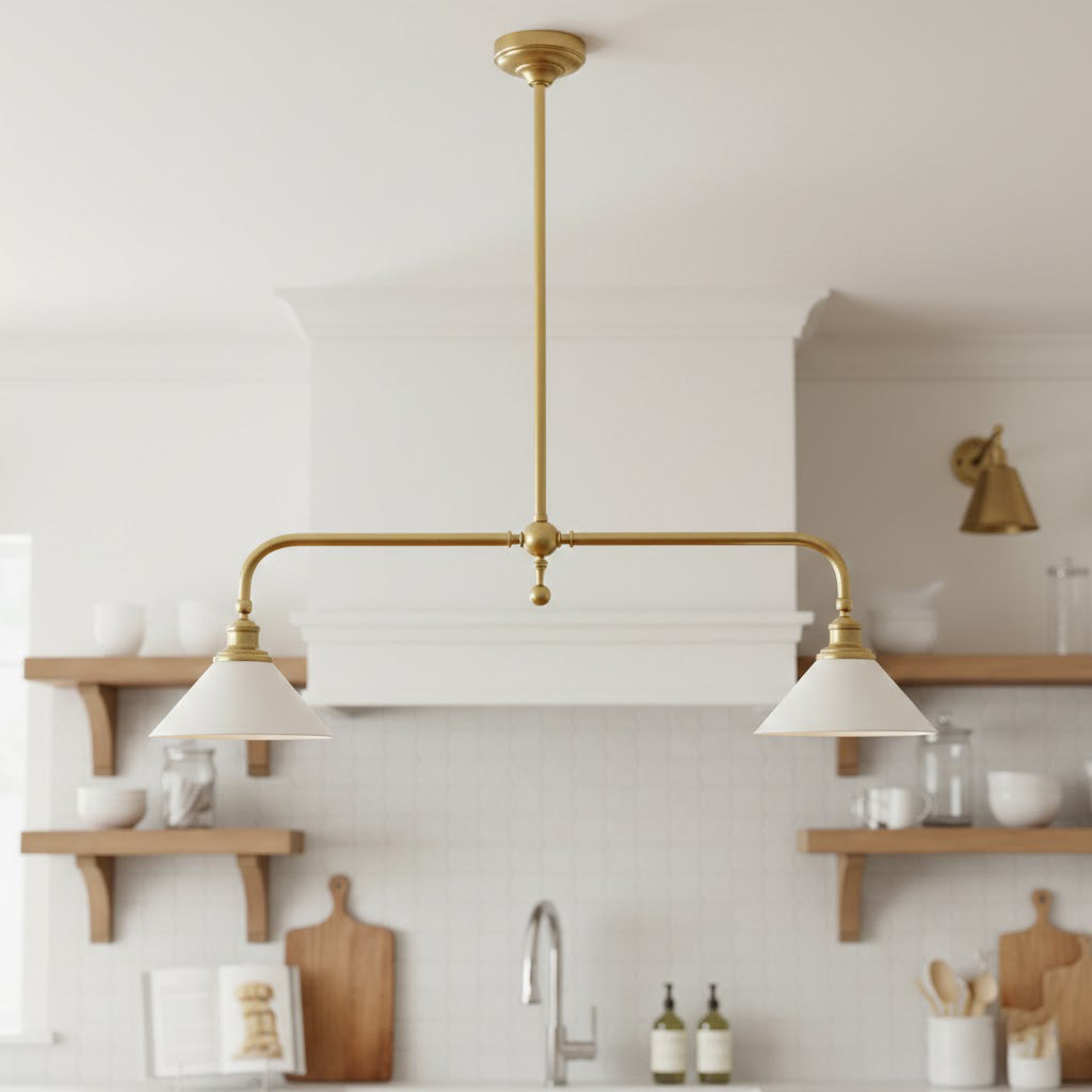 Thetford Pendant Light - Solid Brass 2-Head Linear Chandelier | Ceramic & Aluminum Island Pendant