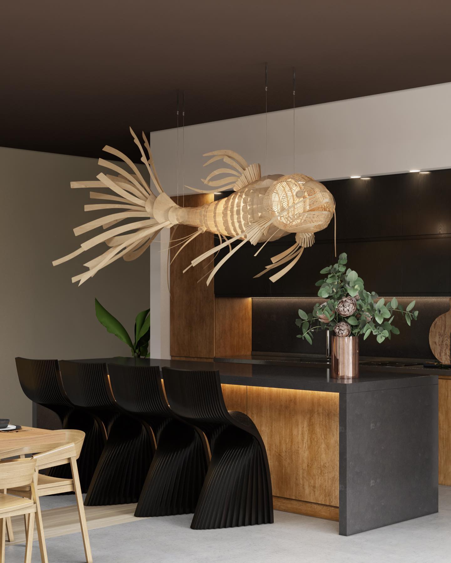 Koi Chandelier - Large Architectural Wood Koi Fish Chandelier | Symbolic Luxury Lighting