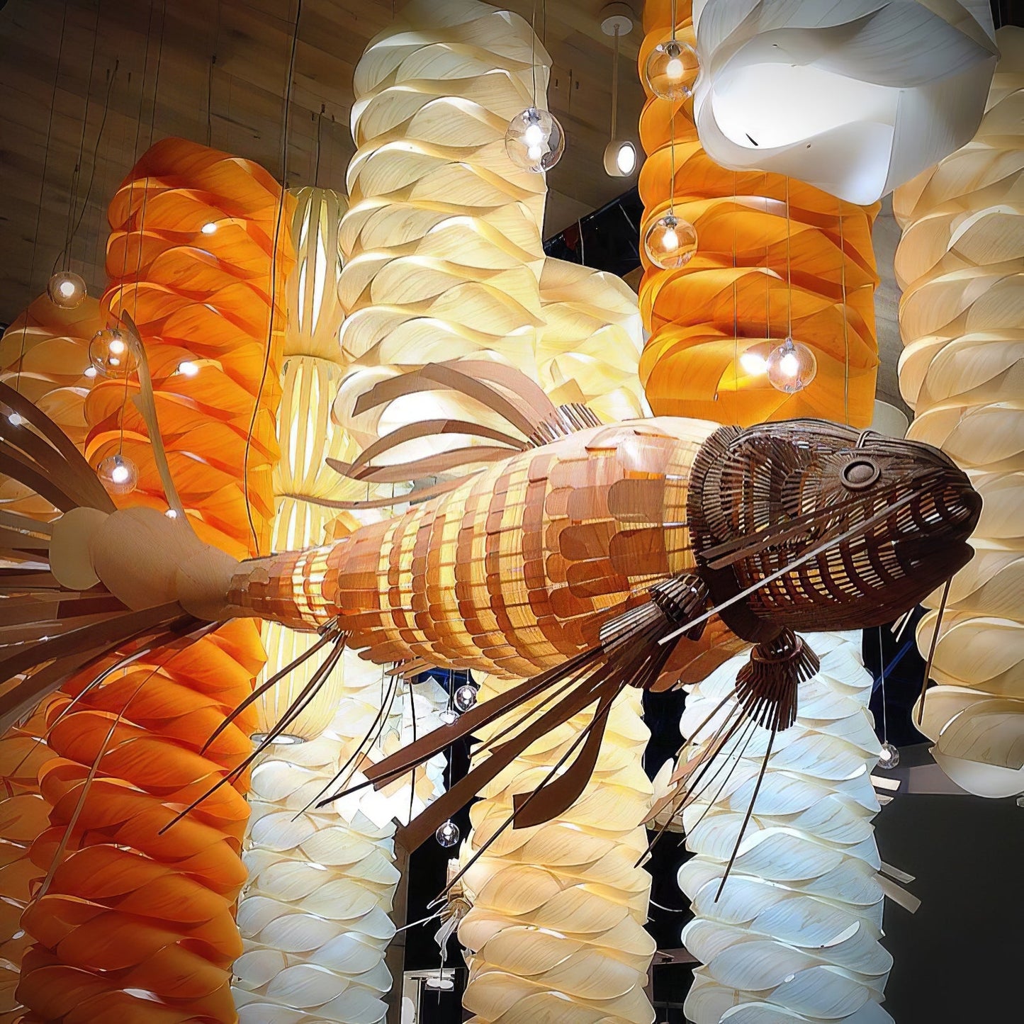Koi Chandelier - Large Architectural Wood Koi Fish Chandelier | Symbolic Luxury Lighting