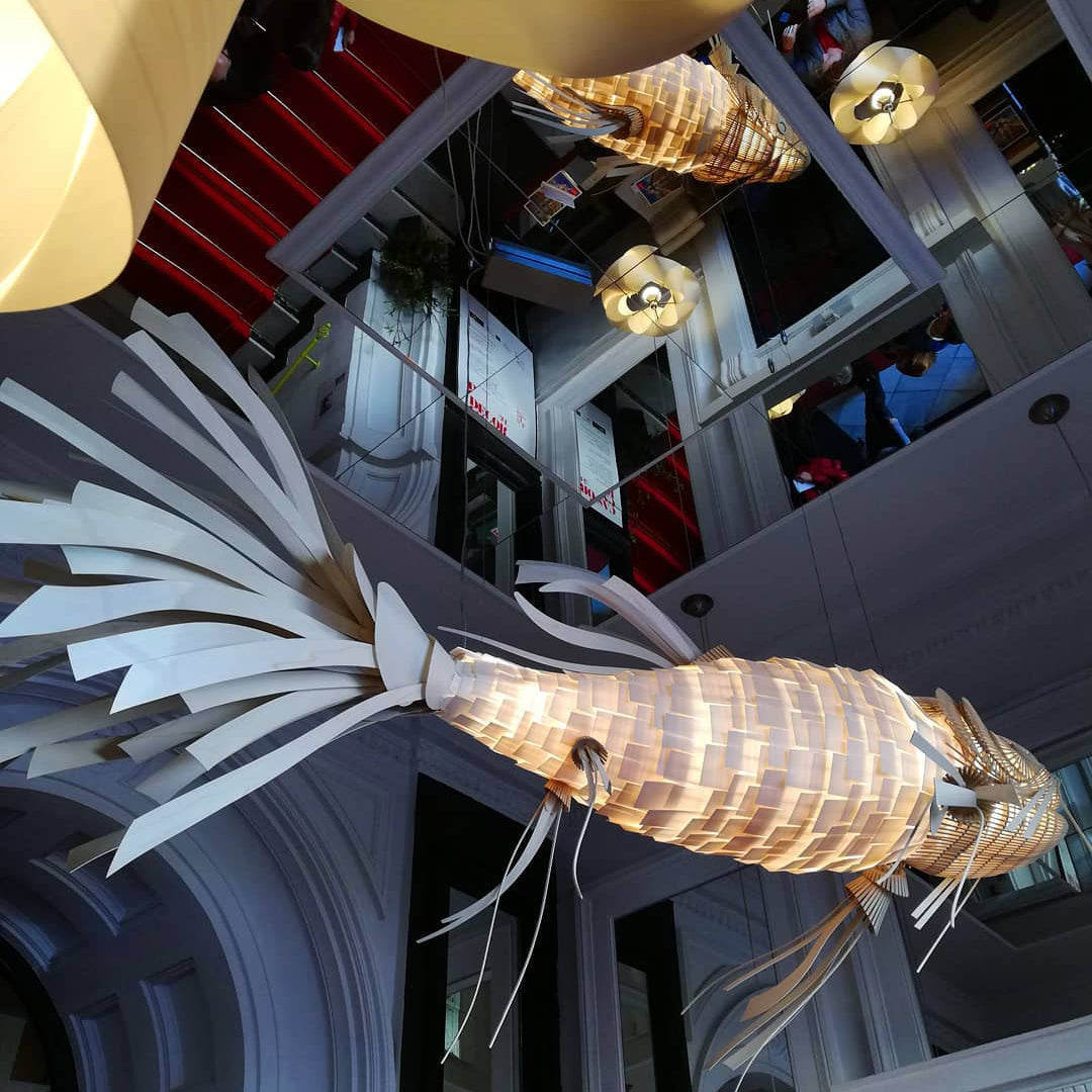 Koi Chandelier - Large Architectural Wood Koi Fish Chandelier | Symbolic Luxury Lighting