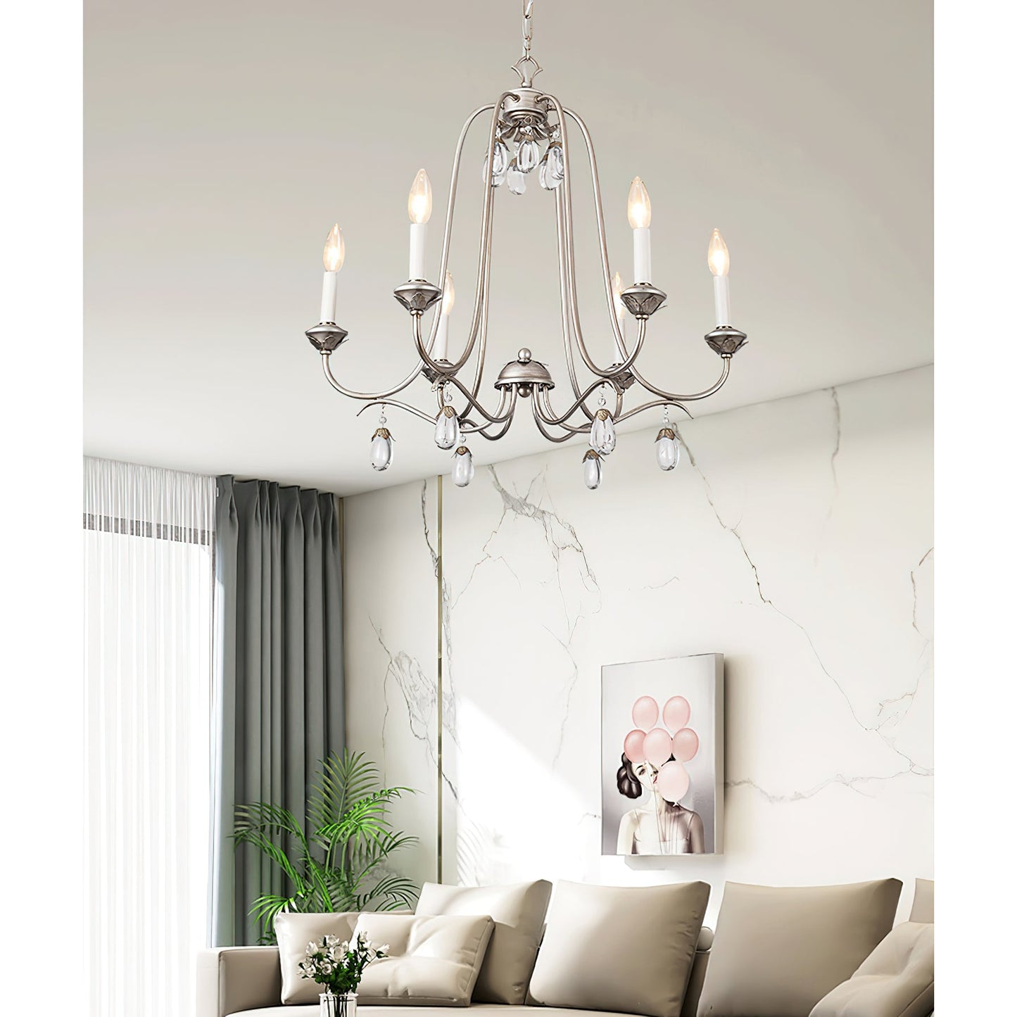 Kora Chandelier - Traditional Sand Nickel & Crystal 8-Light Chandelier