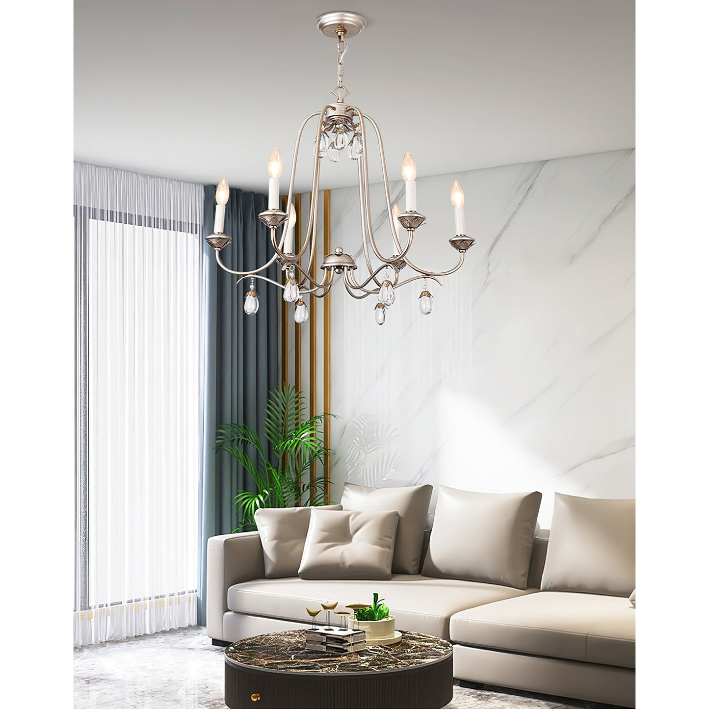 Kora Chandelier - Traditional Sand Nickel & Crystal 8-Light Chandelier
