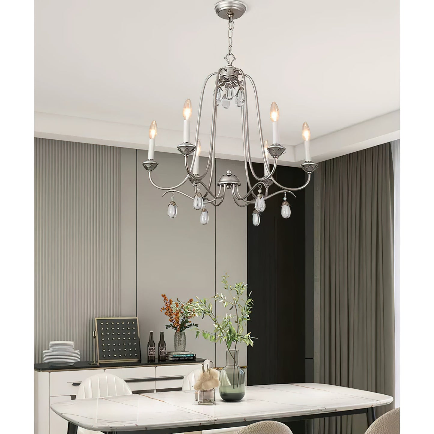 Kora Chandelier - Traditional Sand Nickel & Crystal 8-Light Chandelier