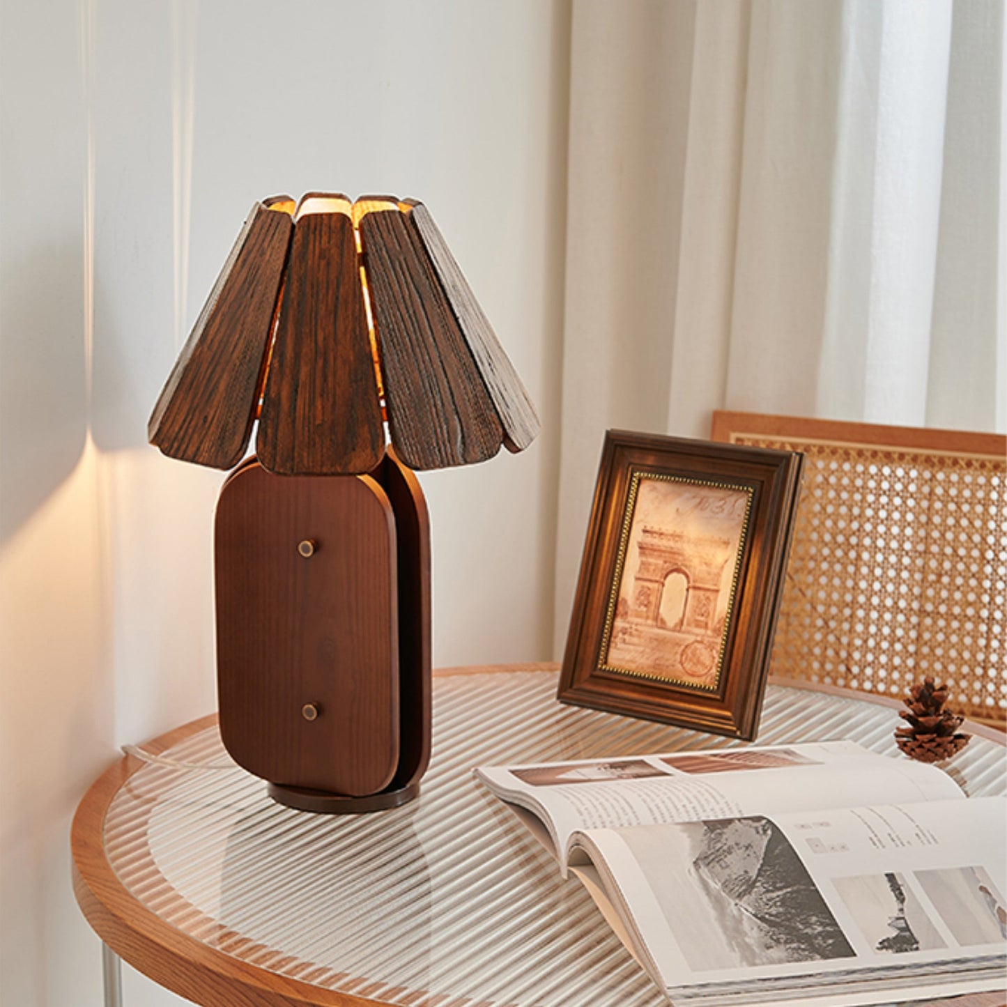 Kubec Table Lamp - Modern Slatted Wood Desk Light | Walnut & Oak Finish