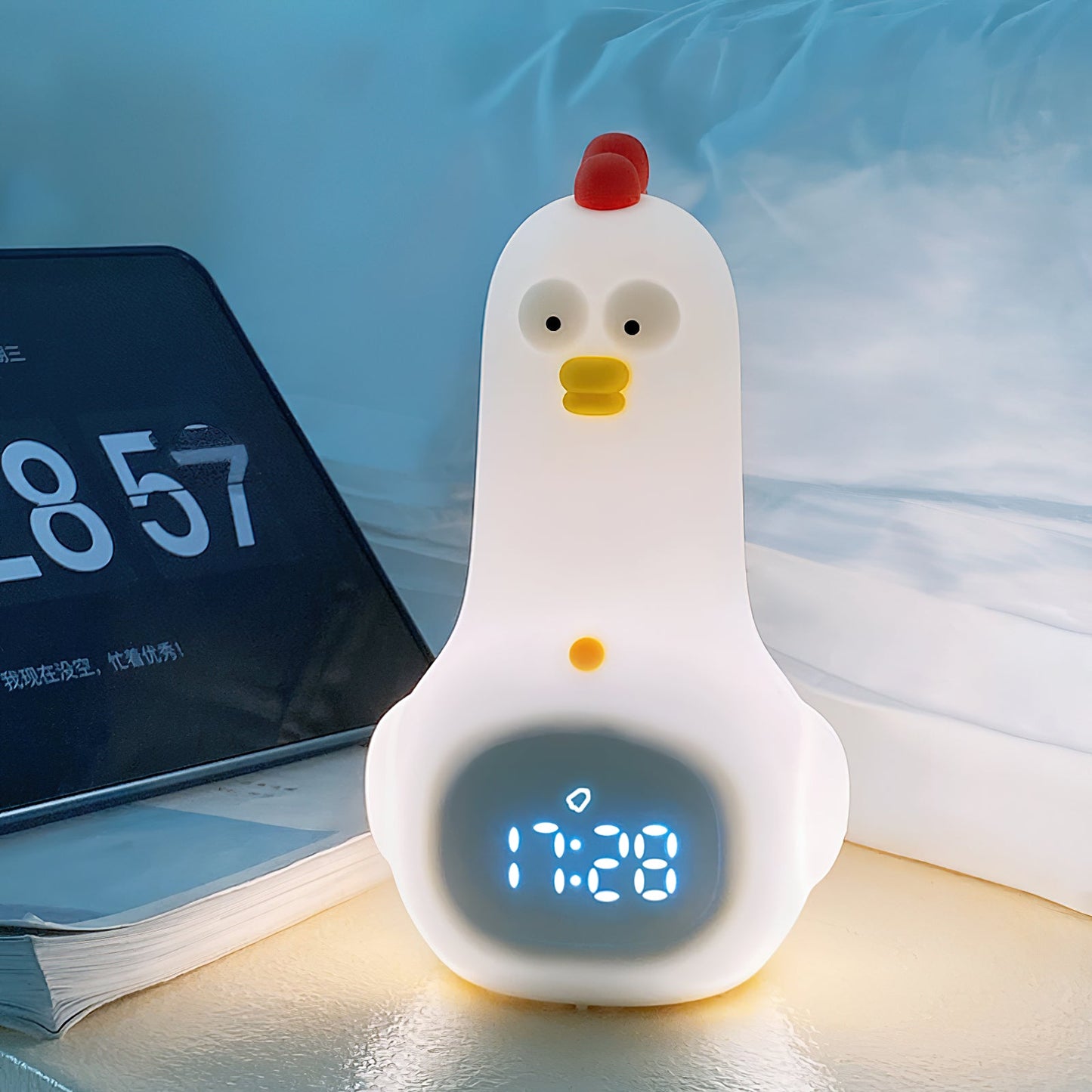 KunFu Chicken Alarm Clock Night Light - Rechargeable Dimmable Kids Night Light with Snooze