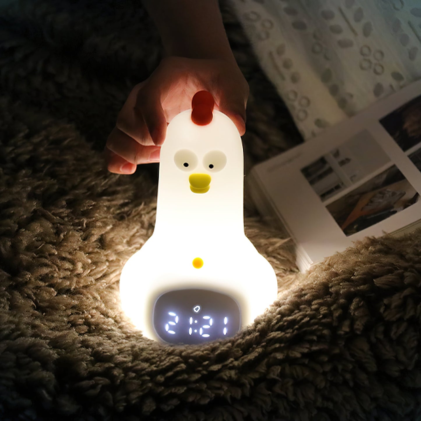 KunFu Chicken Alarm Clock Night Light - Rechargeable Dimmable Kids Night Light with Snooze