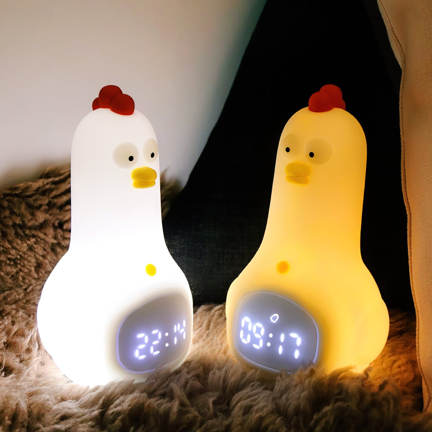 KunFu Chicken Alarm Clock Night Light - Rechargeable Dimmable Kids Night Light with Snooze