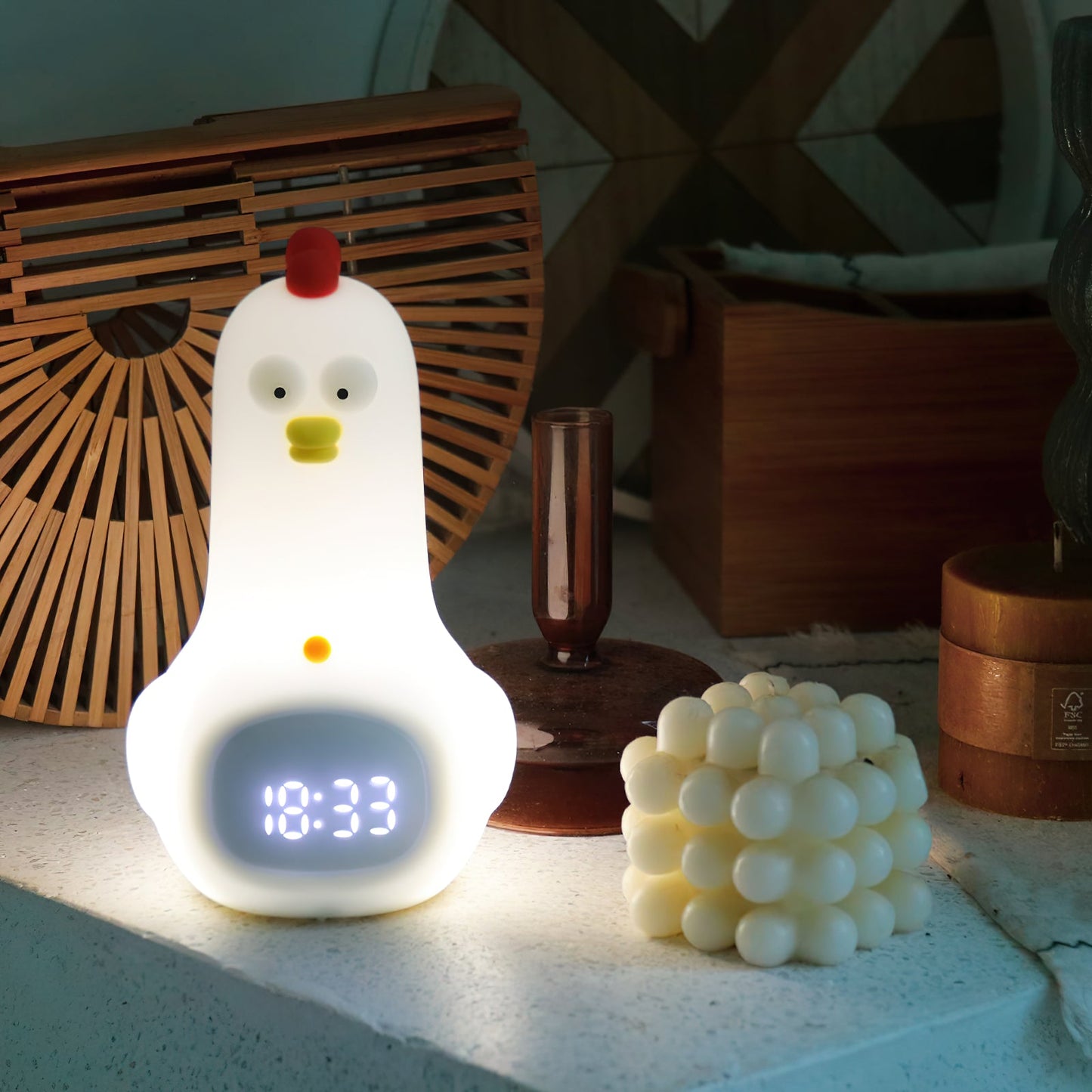 KunFu Chicken Alarm Clock Night Light - Rechargeable Dimmable Kids Night Light with Snooze