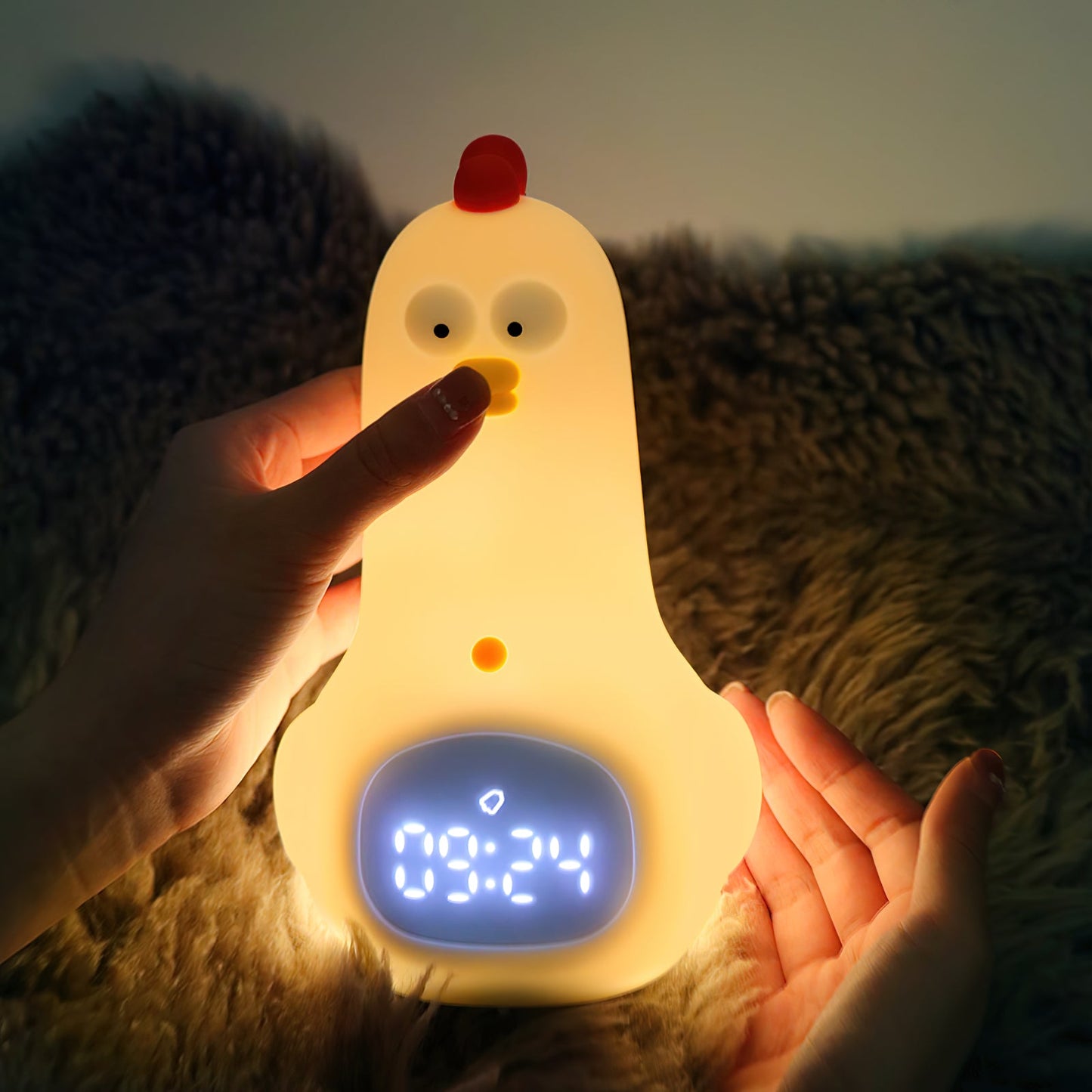 KunFu Chicken Alarm Clock Night Light - Rechargeable Dimmable Kids Night Light with Snooze