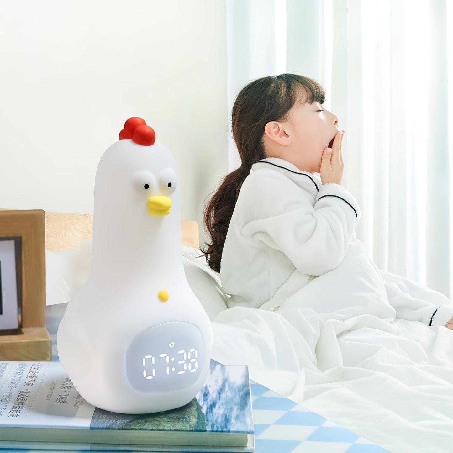 KunFu Chicken Alarm Clock Night Light - Rechargeable Dimmable Kids Night Light with Snooze