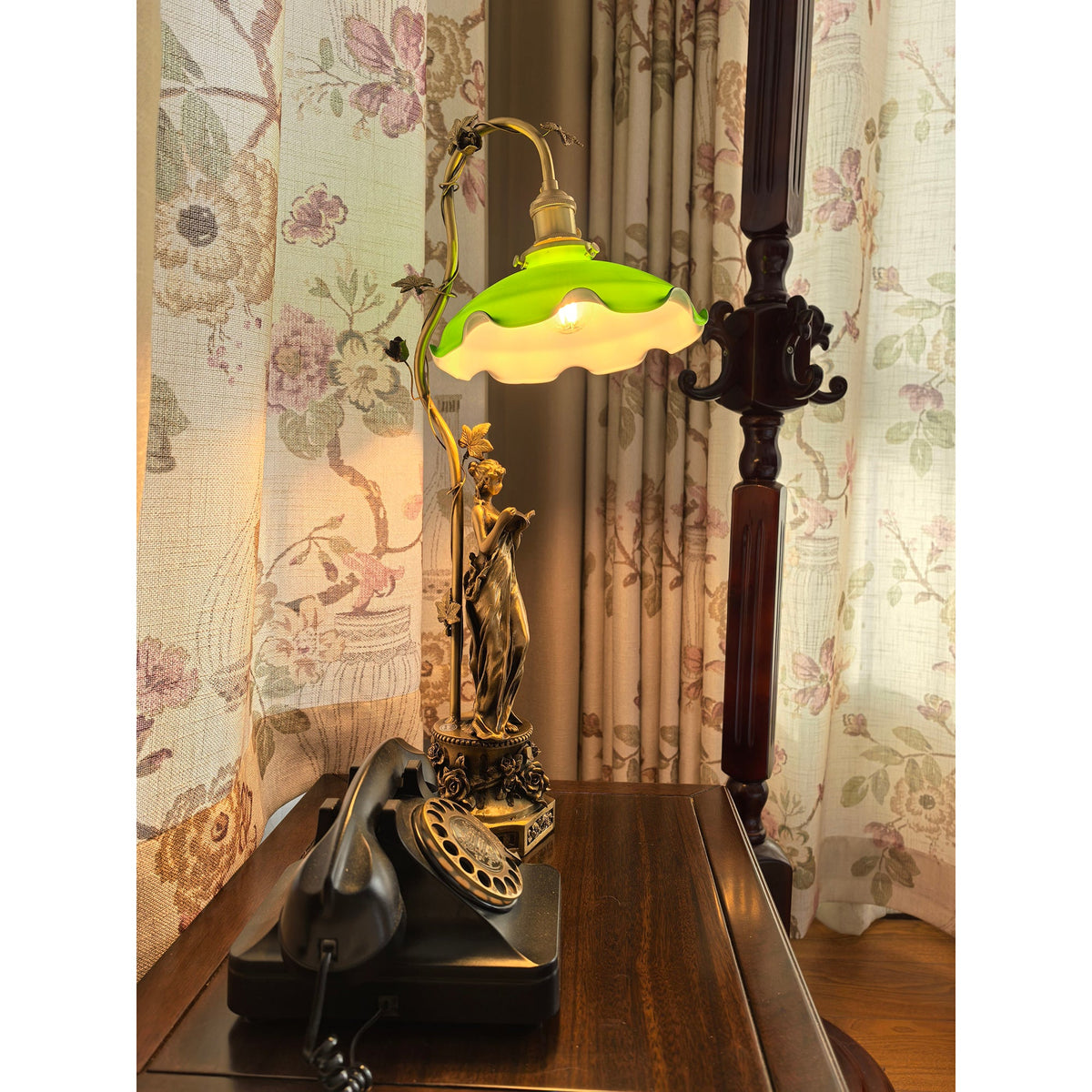 Lady Statue Glass Table Lamp - Art Nouveau Bronze Figurine & Scalloped Glass Lamp