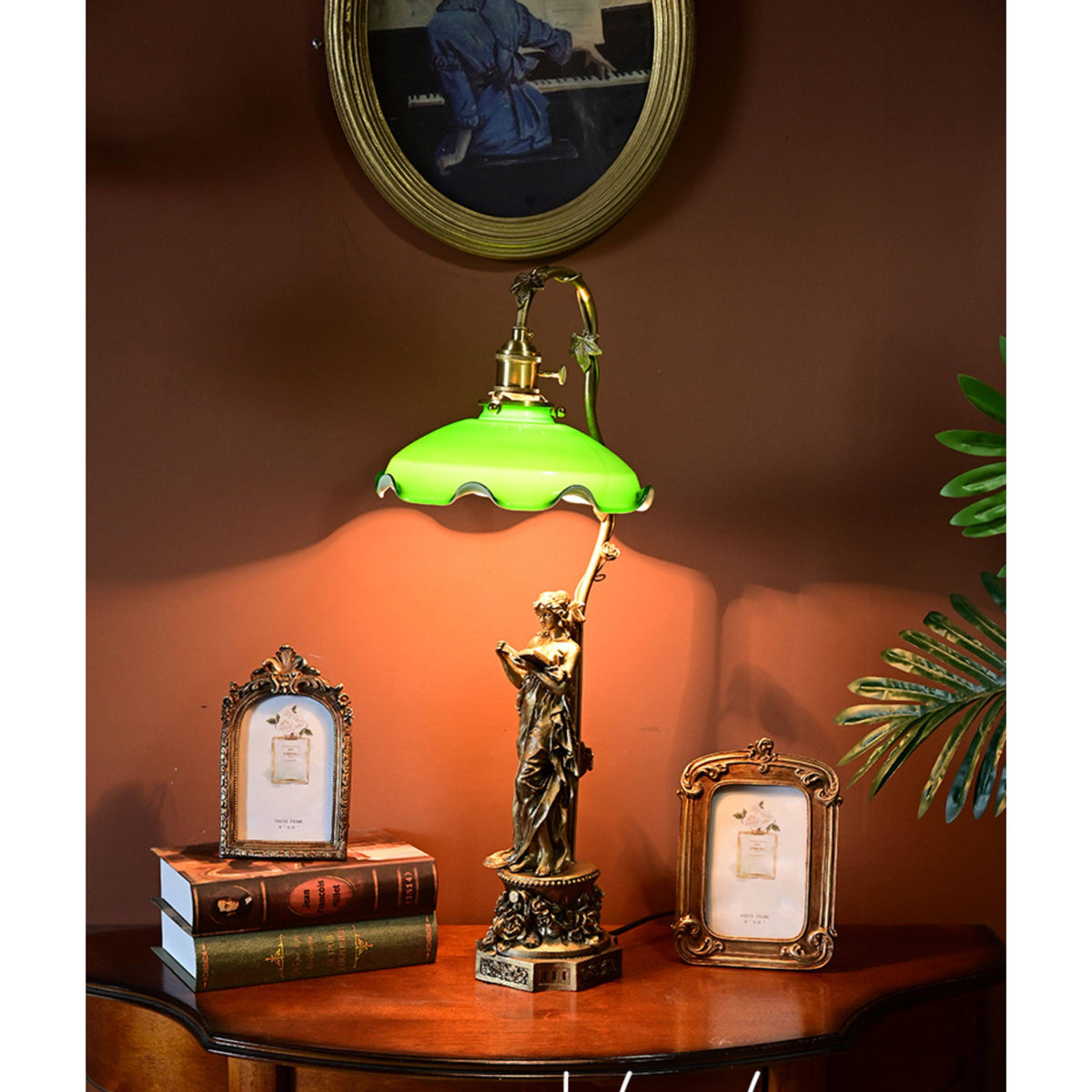 Lady Statue Glass Table Lamp - Art Nouveau Bronze Figurine & Scalloped Glass Lamp